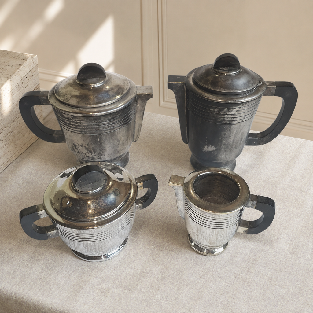 Service à thé et café Art déco en métal argenté à anses noires, années 1930-1940
