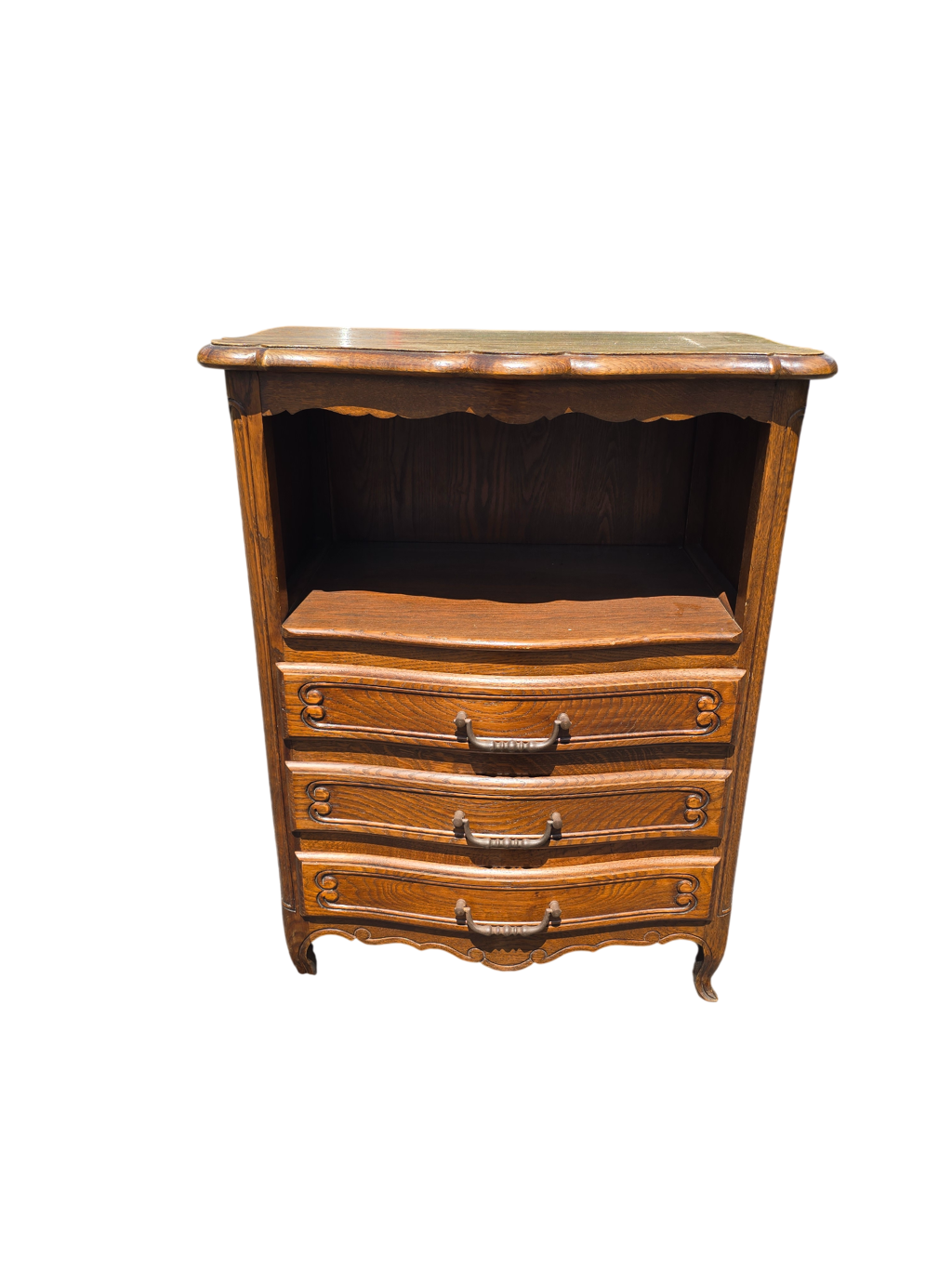 Petit meuble de chevet Louis XV en chêne – niche et 3 tiroirs
