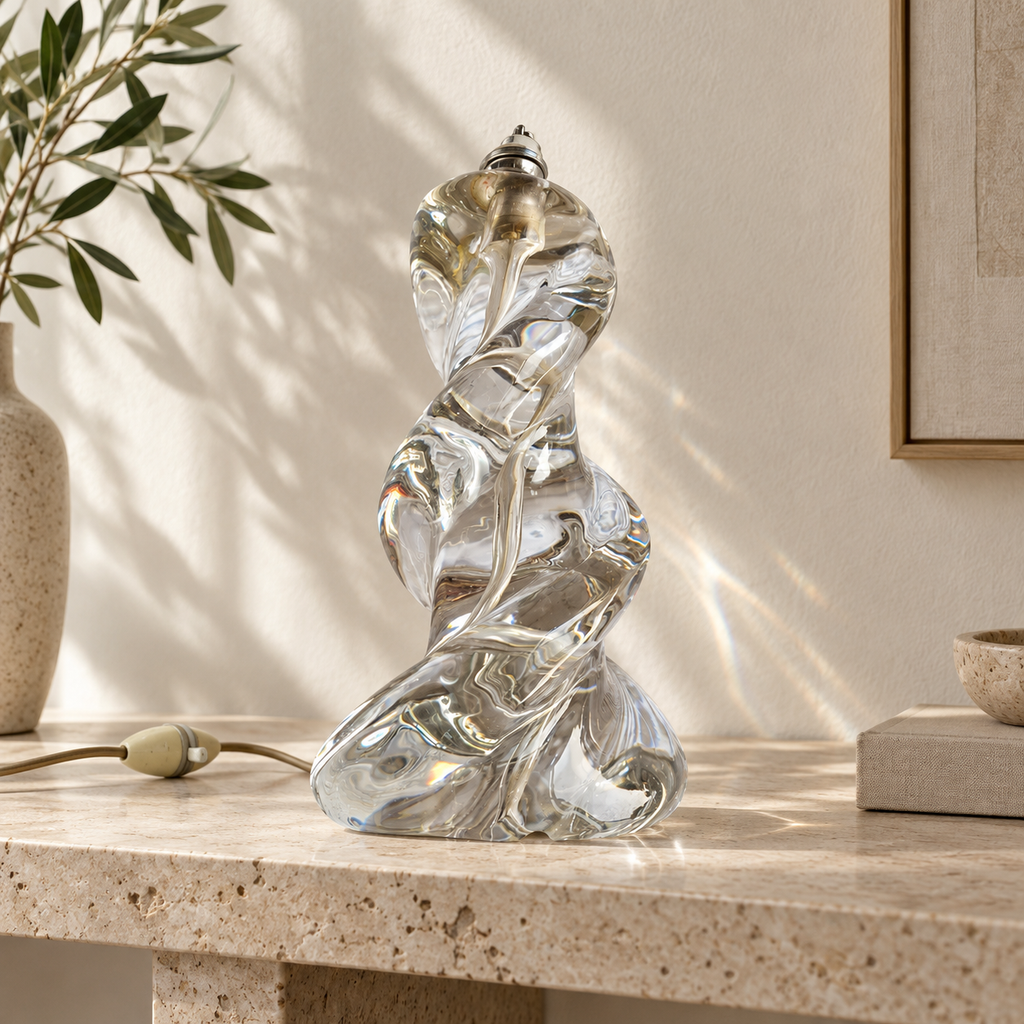Pied de lampe vintage en cristal de Sèvres torsadé années 60-70