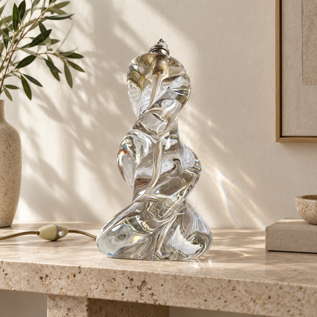 Pied de lampe vintage en cristal de Sèvres torsadé années 60-70