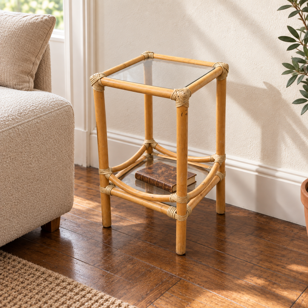 Table d’appoint en bambou et plateaux en verre