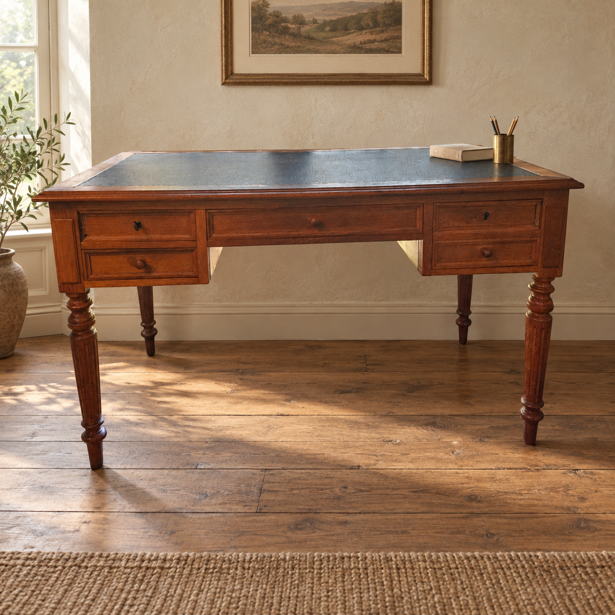 Bureau plat ancien en bois et plateau noir façon cuir, style Louis-Philippe