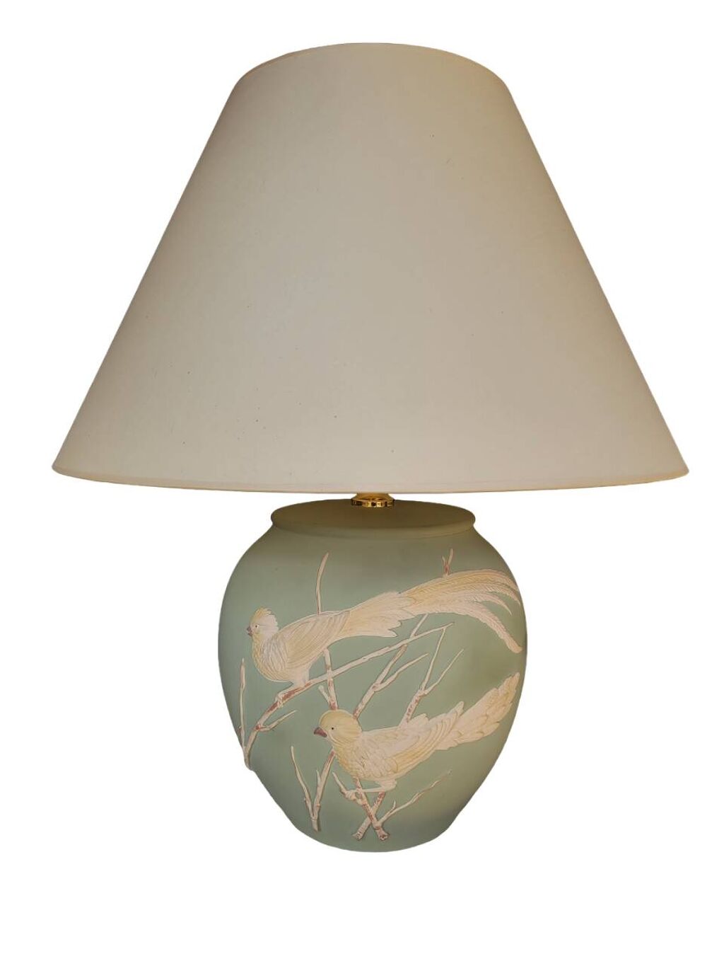 Lampe à poser vert mat et oiseaux en relief