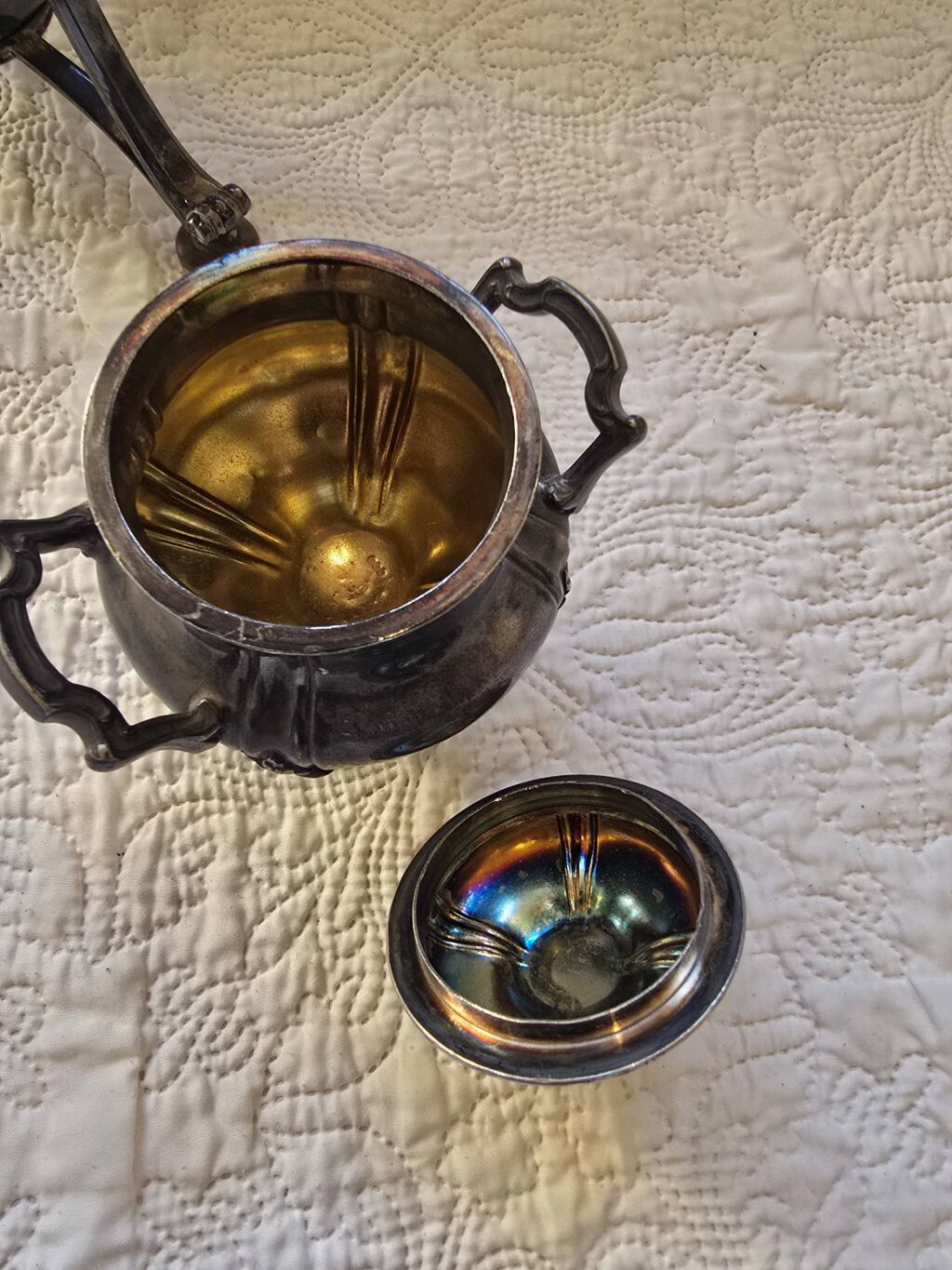 Service thé café métal argenté Art Nouveau avec fontaine