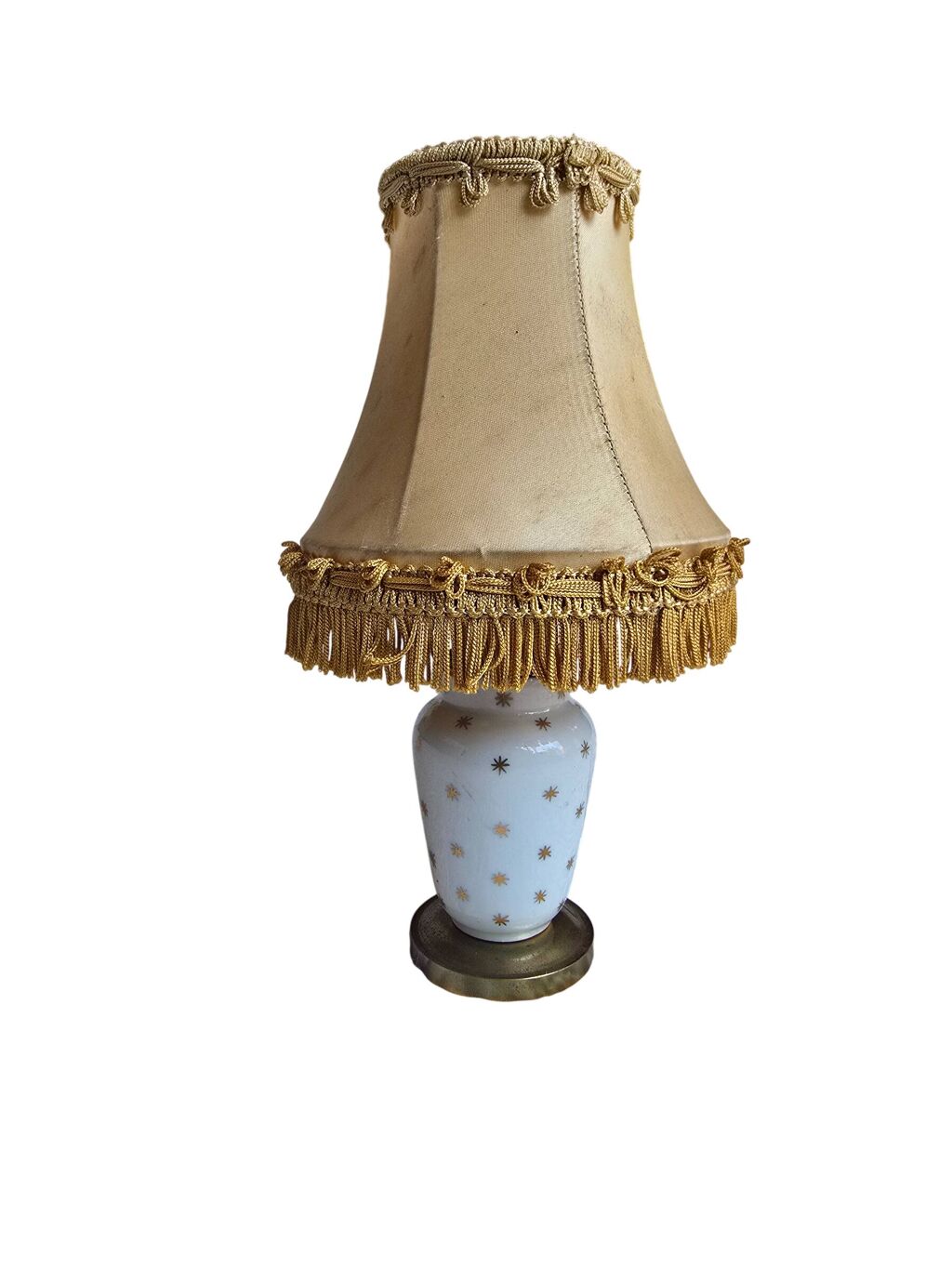 Petite lampe vintage en porcelaine blanche étoilée avec abat-jour à franges