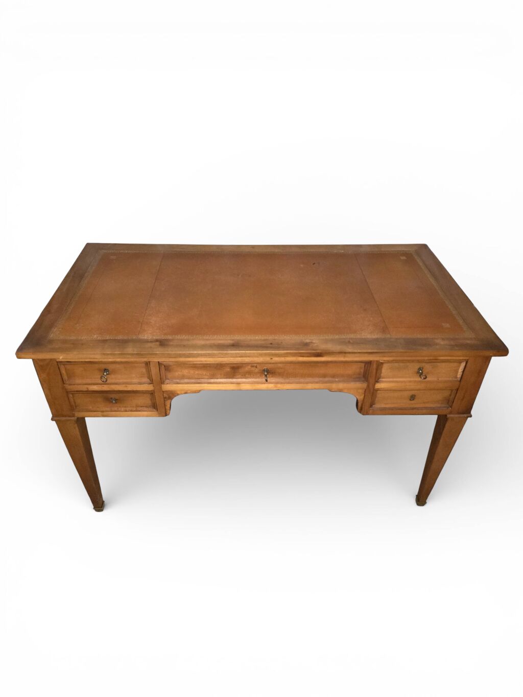 Bureau ancien Louis XVI / Directoire – cuir doré – 5 tiroirs- Clés