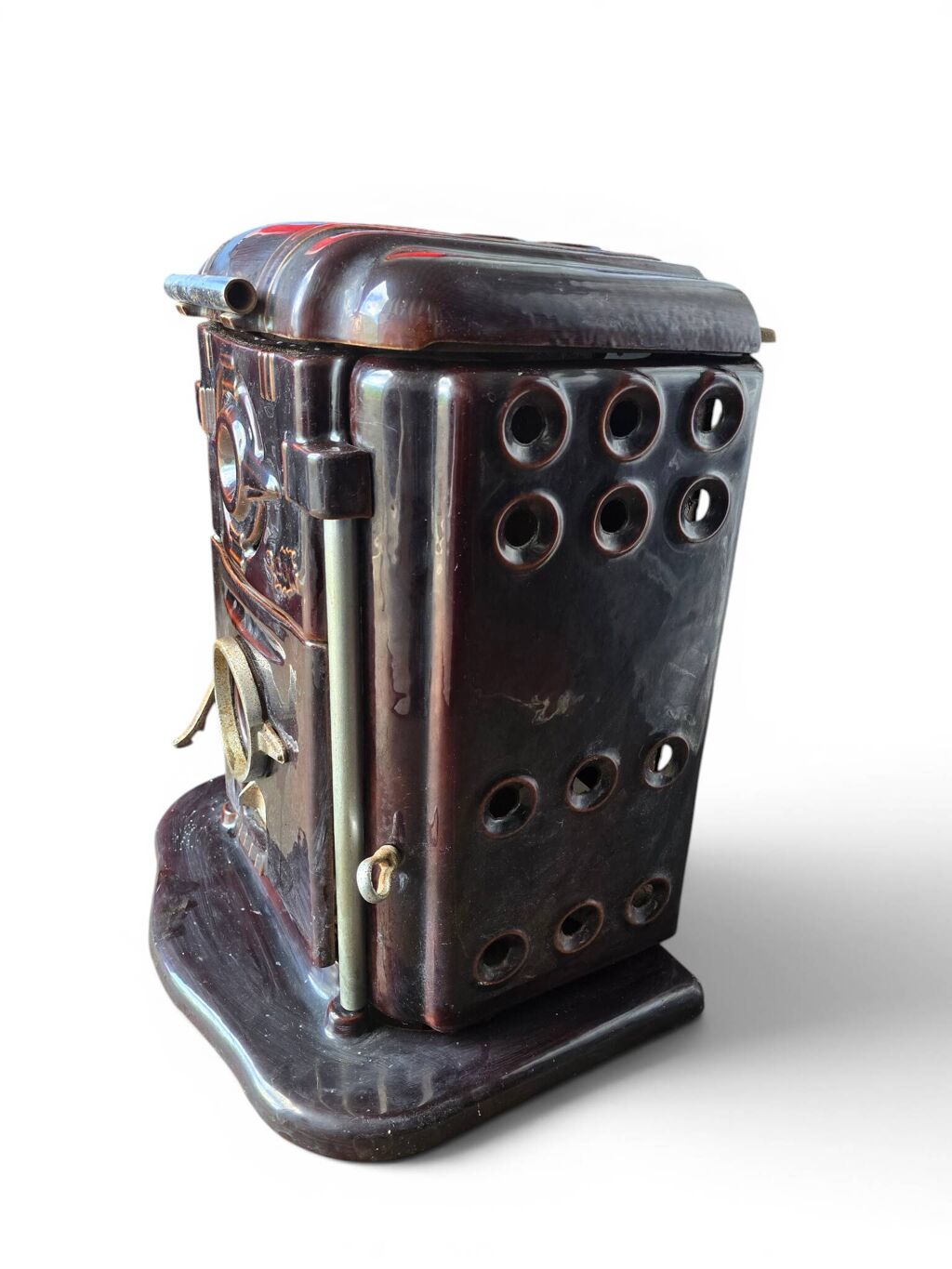 Ancien poêle Godin Art déco en fonte émaillée brun aubergine