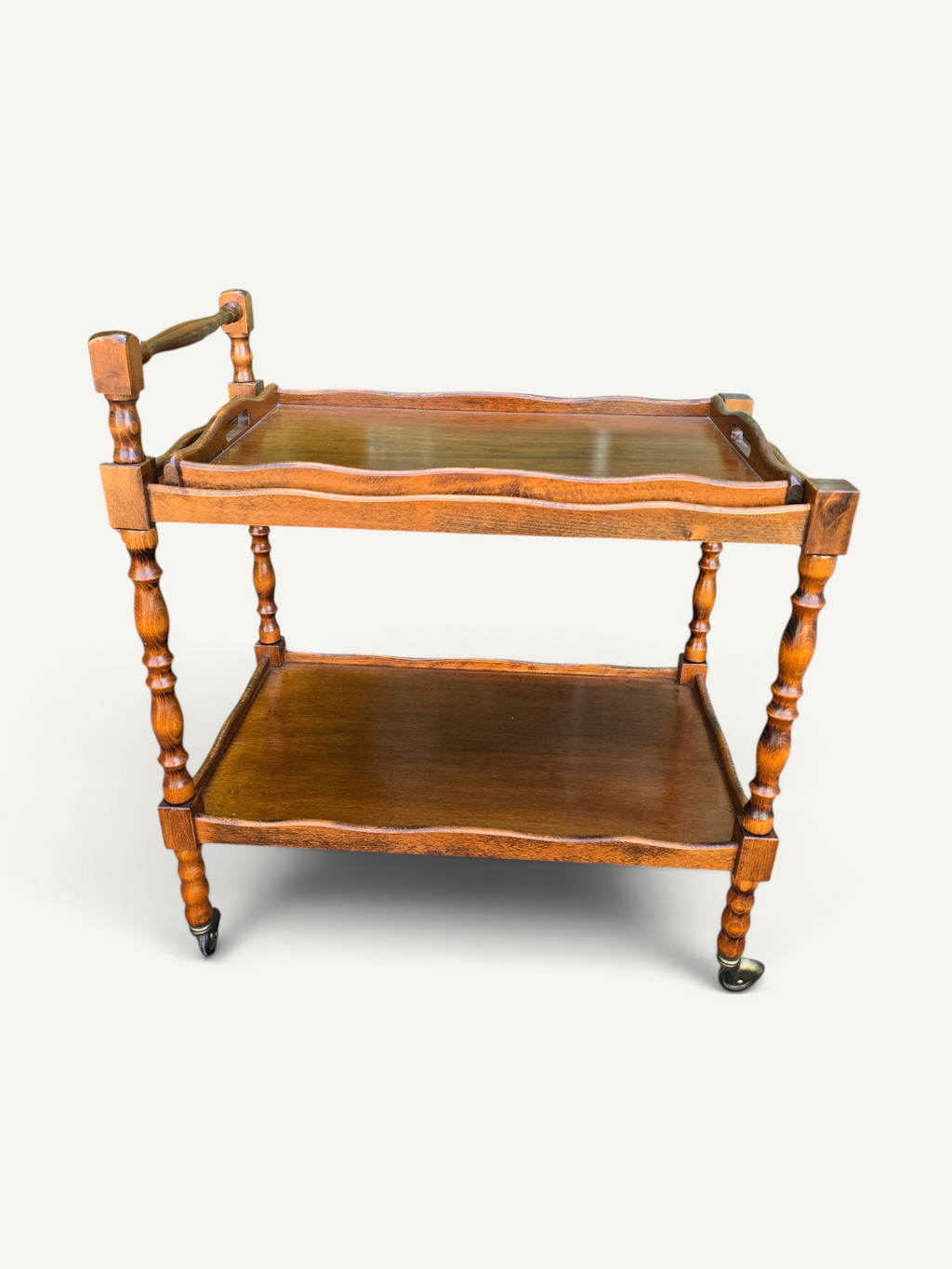 Desserte roulante vintage en bois tourné avec plateau amovible