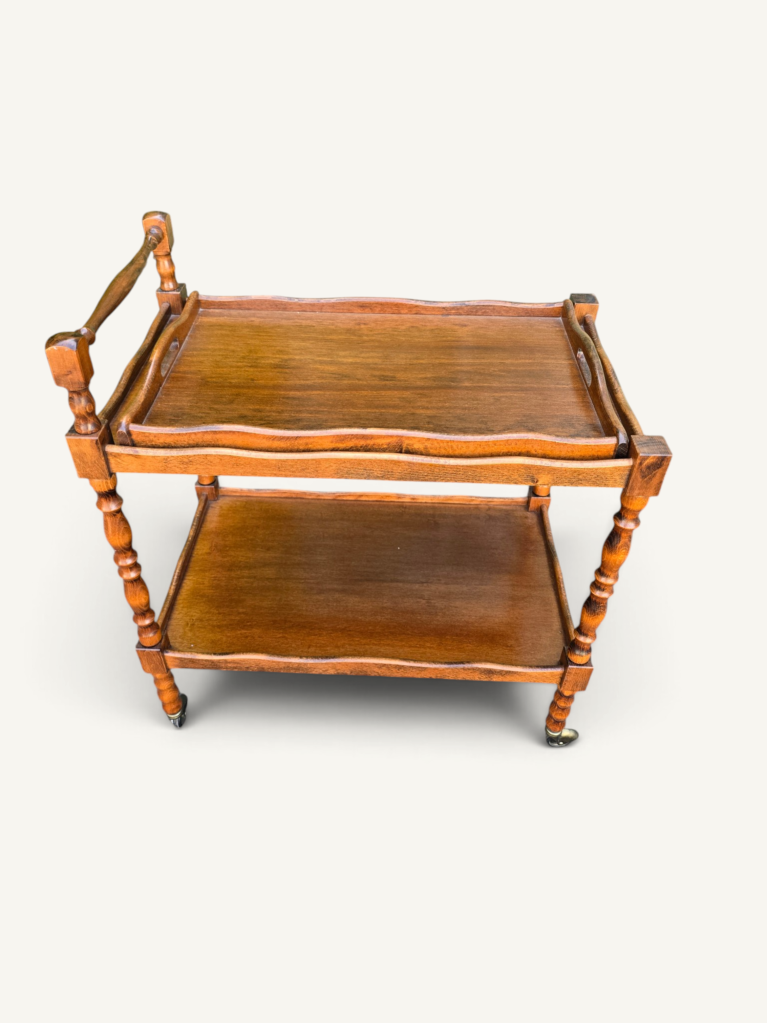 Desserte roulante vintage en bois tourné avec plateau amovible
