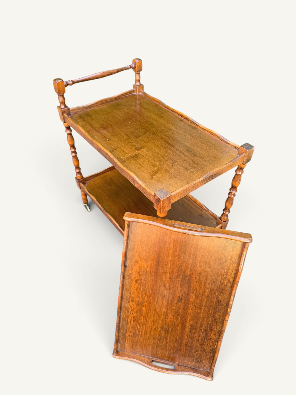 Desserte roulante vintage en bois tourné avec plateau amovible