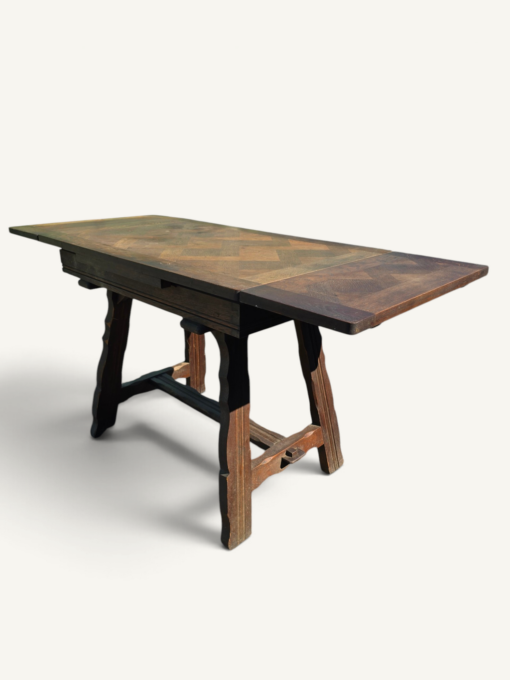 Table de repas rustique en chêne parqueté avec deux rallonges