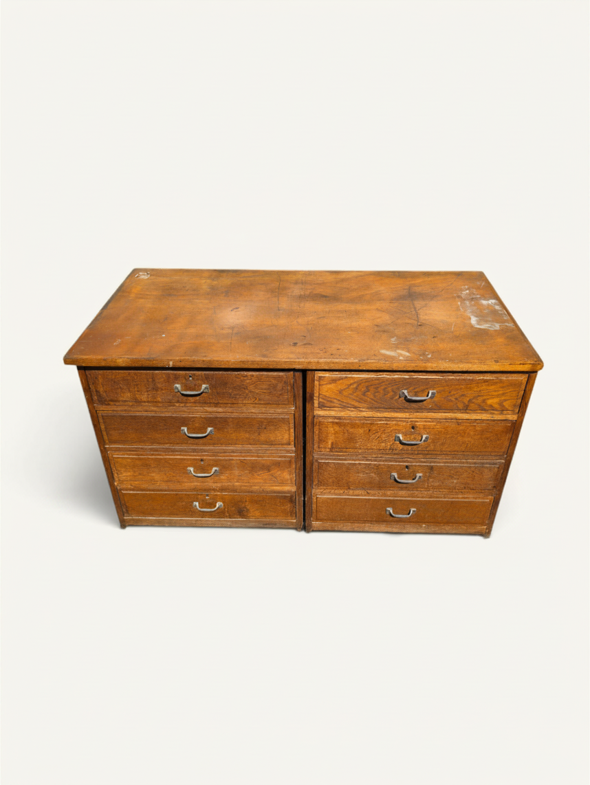 Meuble de métier ancien en chêne à huit tiroirs