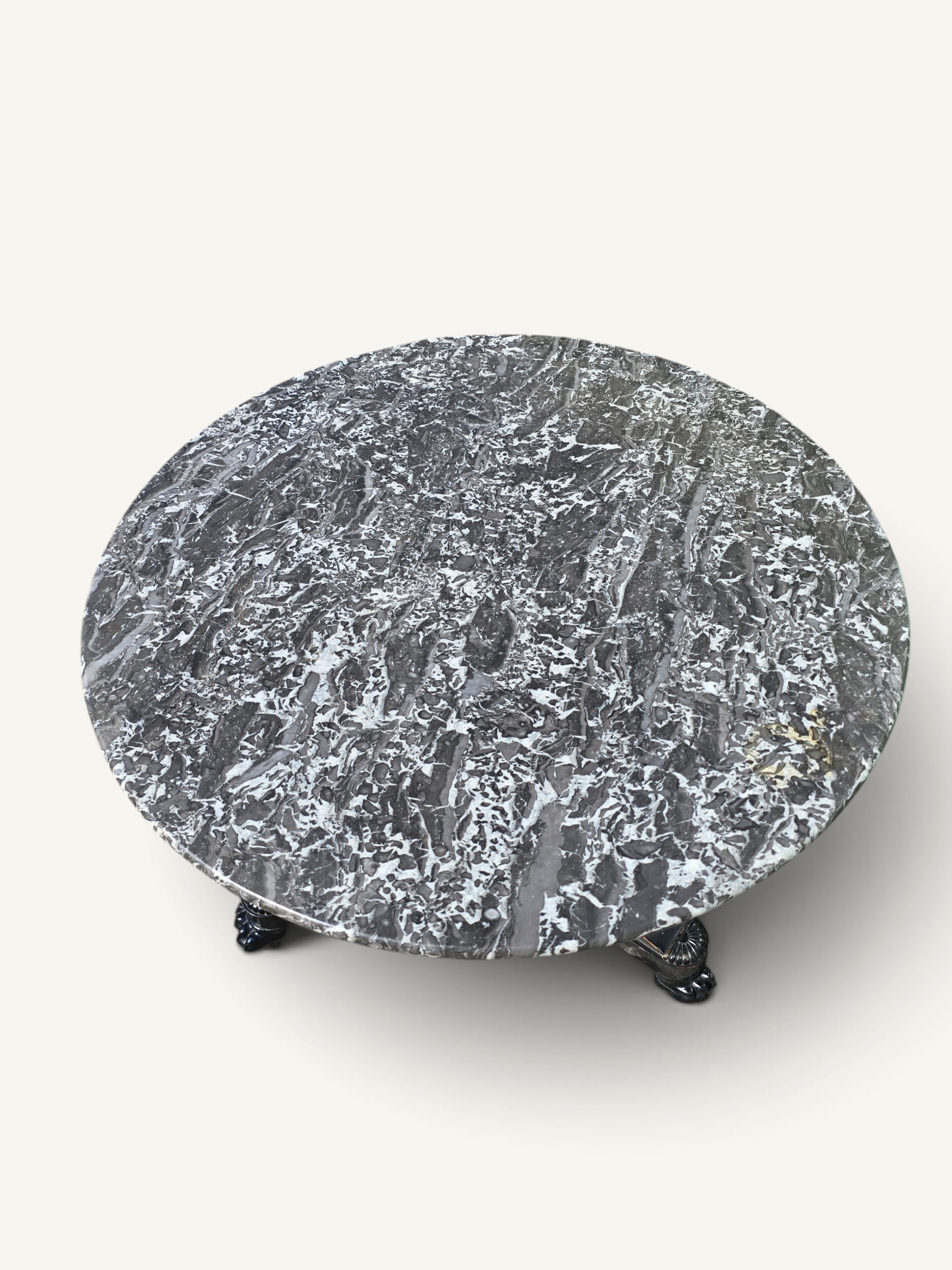 Guéridon Empire en bois noirci et marbre gris – table ronde ancienne