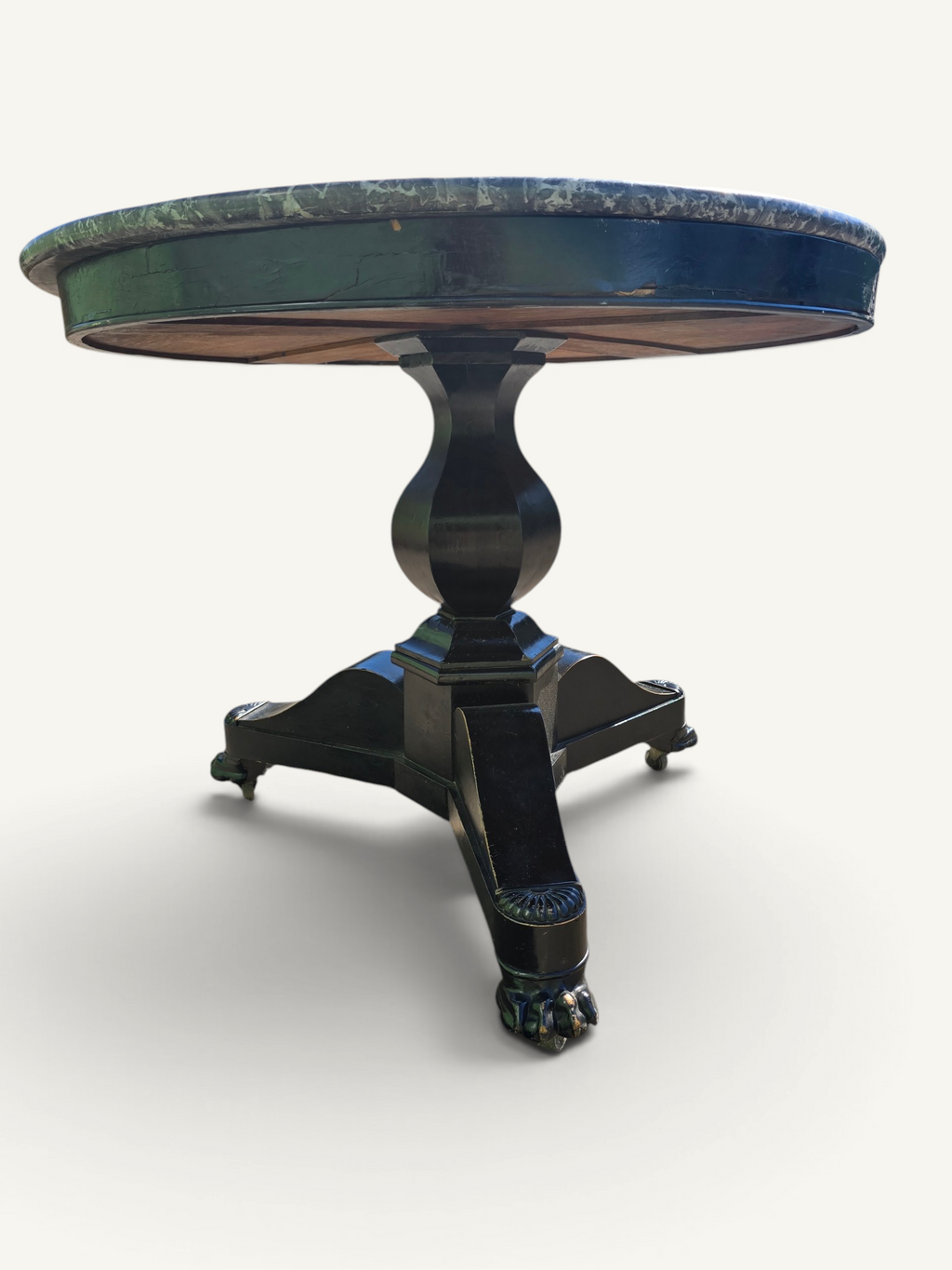 Guéridon Empire en bois noirci et marbre gris – table ronde ancienne