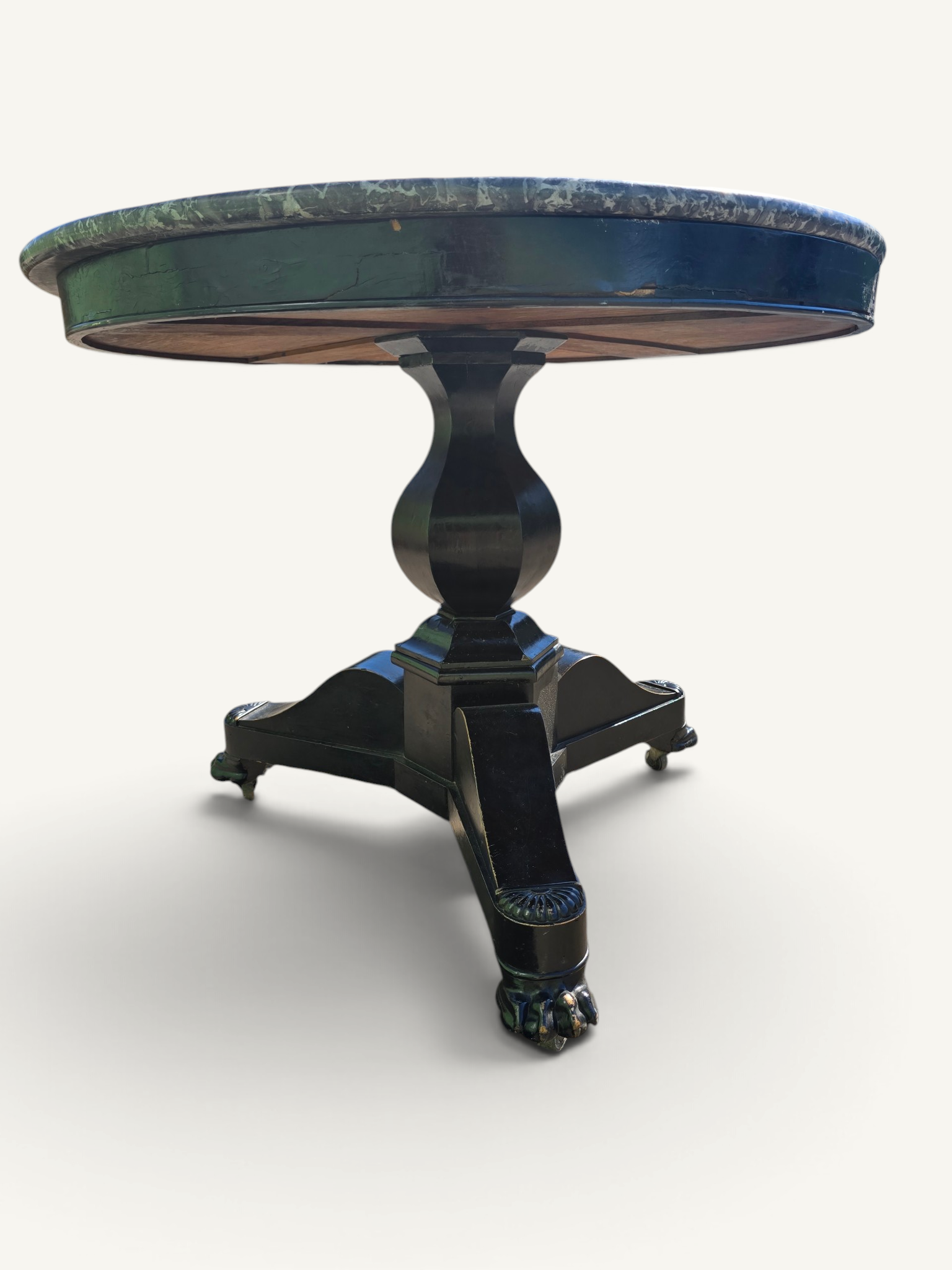 Guéridon Empire en bois noirci et marbre gris – table ronde ancienne