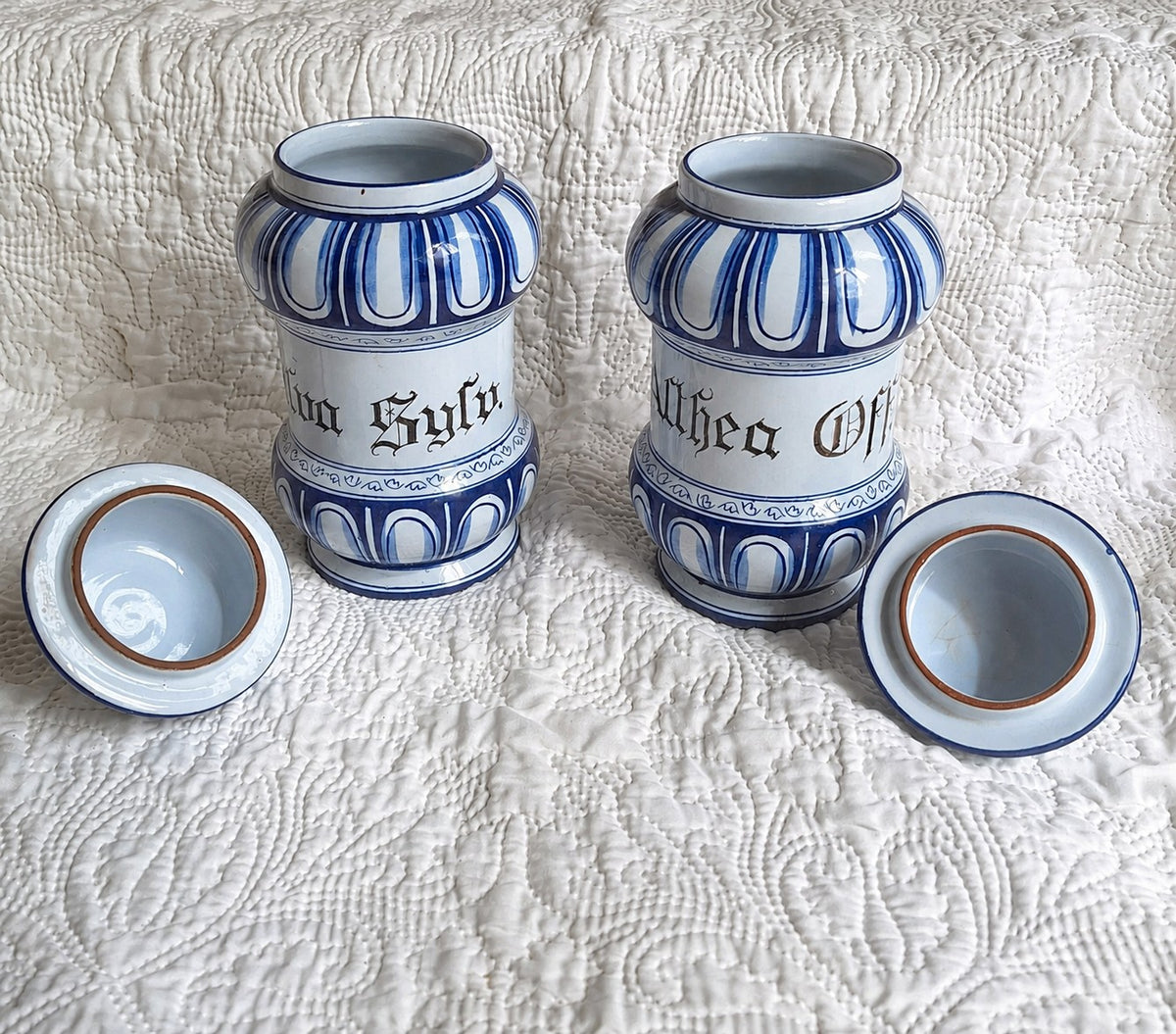 Paire de pots de pharmacie en faïence bleu et blanc – style Renaissance italienne – XXe siècle