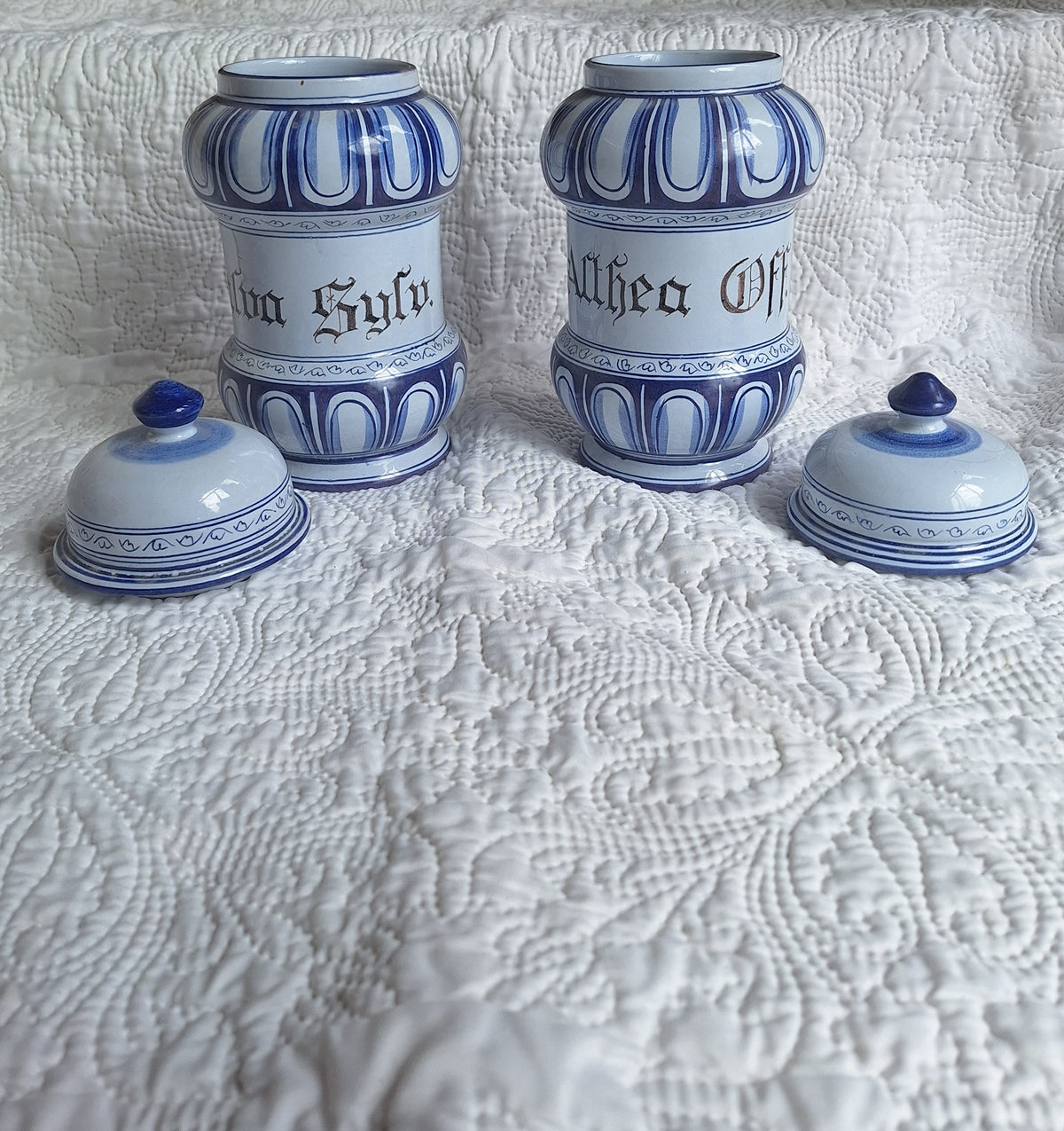 Paire de pots de pharmacie en faïence bleu et blanc – style Renaissance italienne – XXe siècle