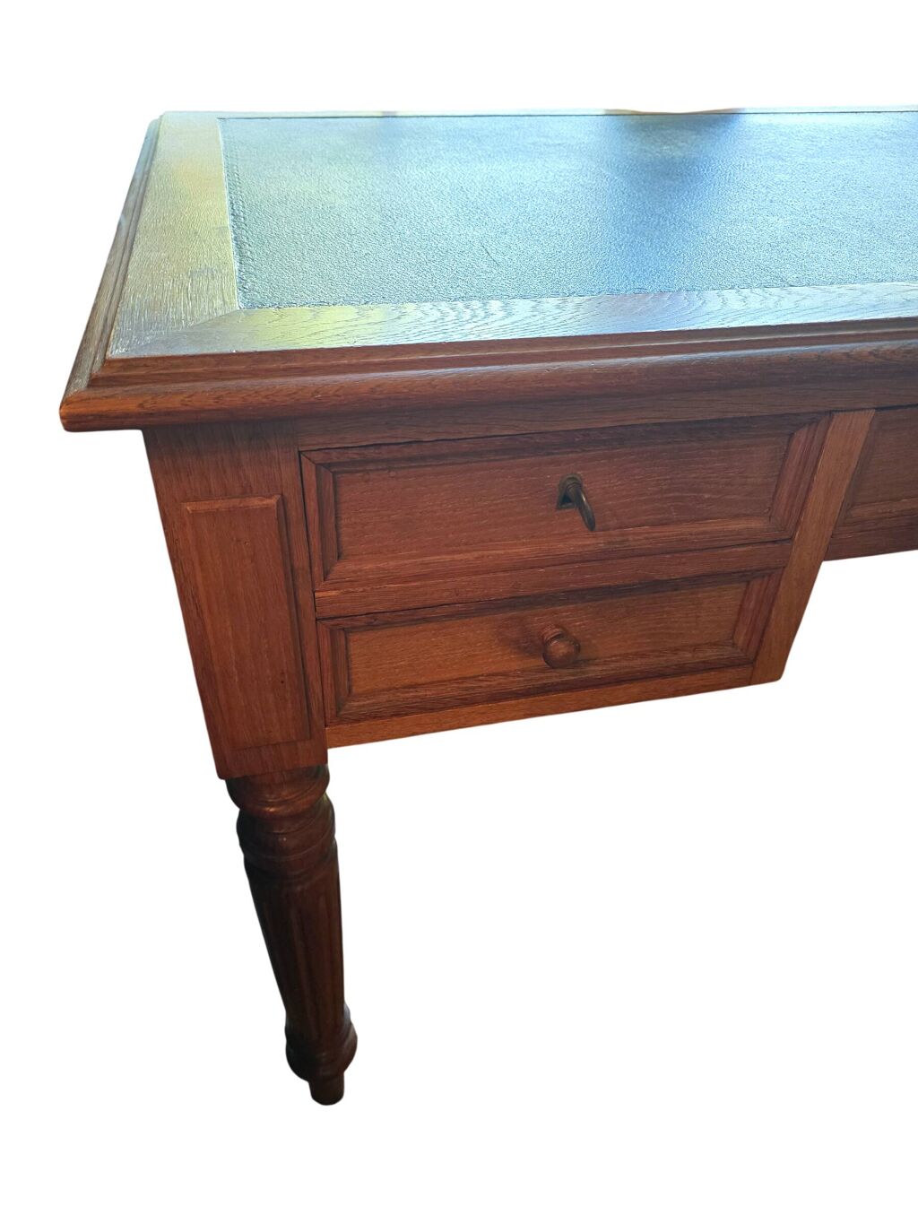 Bureau plat ancien en chêne et cuir noir, style Louis-Philippe