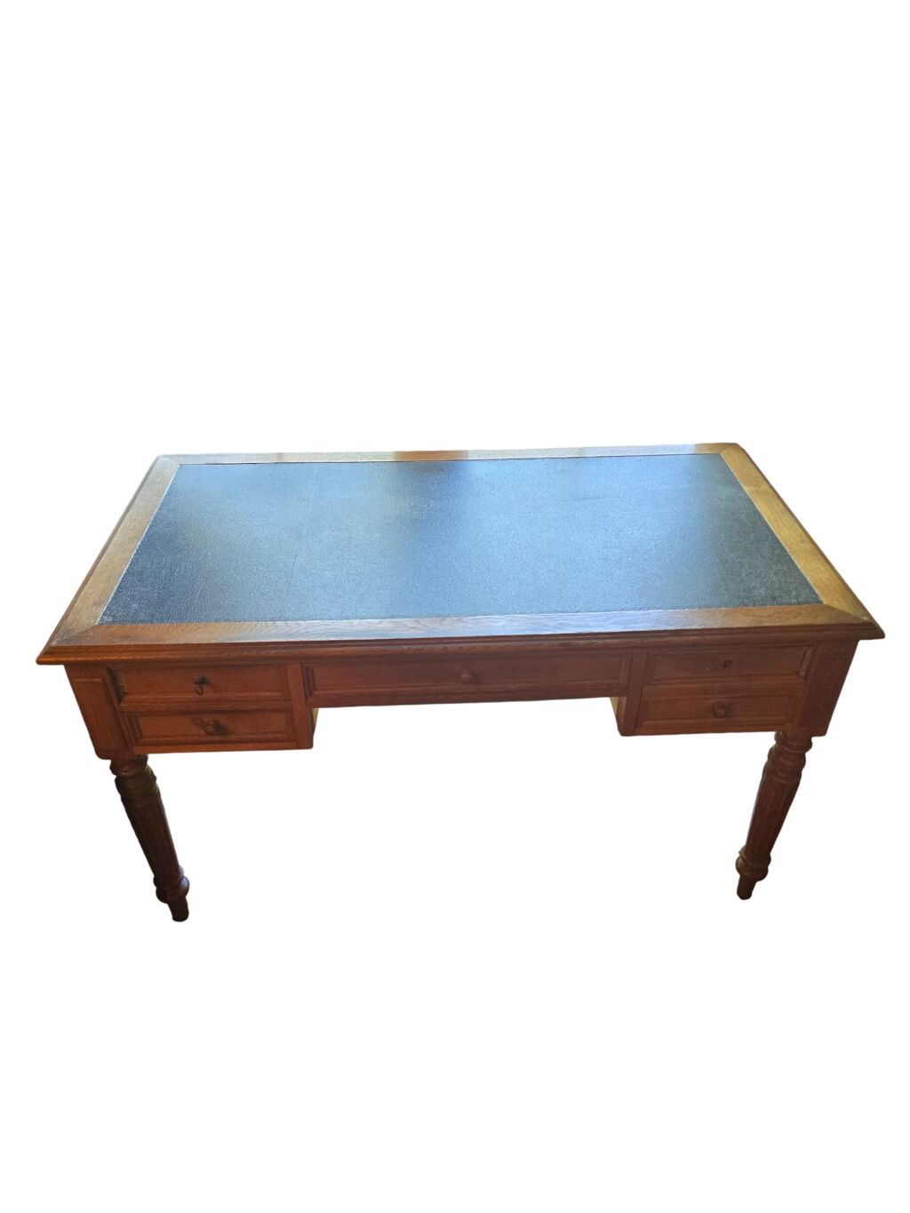 Bureau plat ancien en chêne et cuir noir, style Louis-Philippe