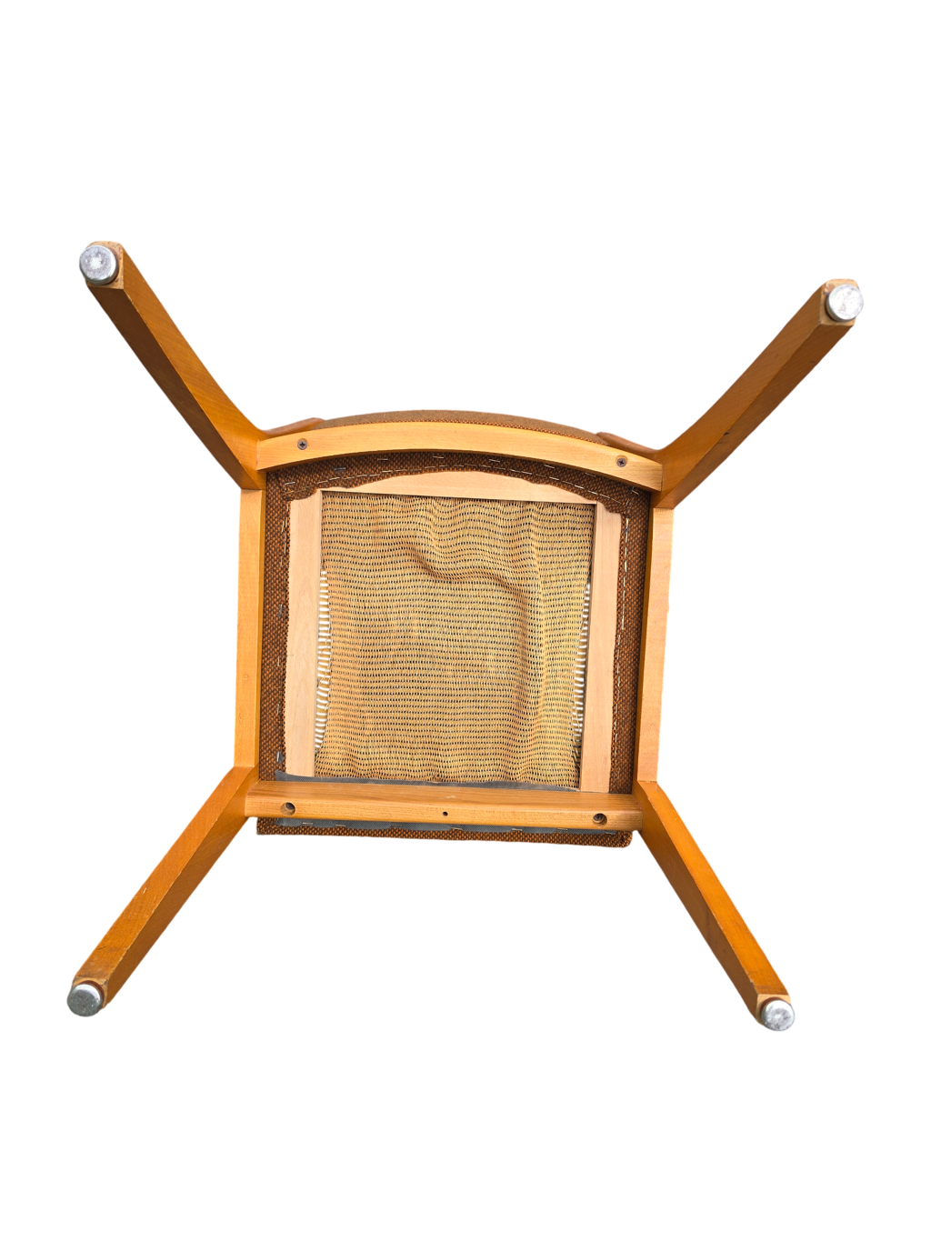 Suite de 4 chaises traîneau vintage en bois blond et tissu brun – années 60