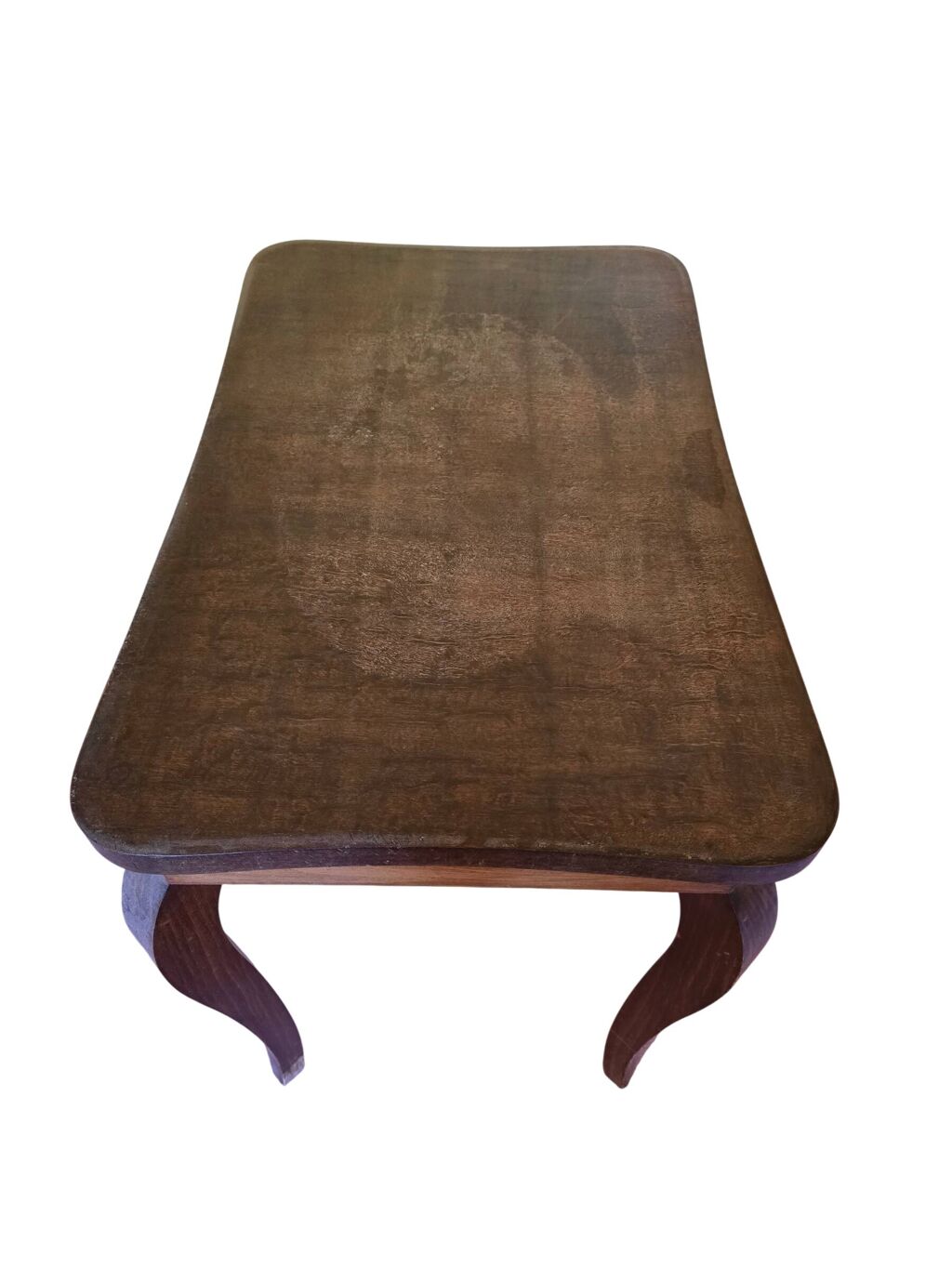 Bout de canapé vintage en bois foncé à plateau verre et pieds galbés
