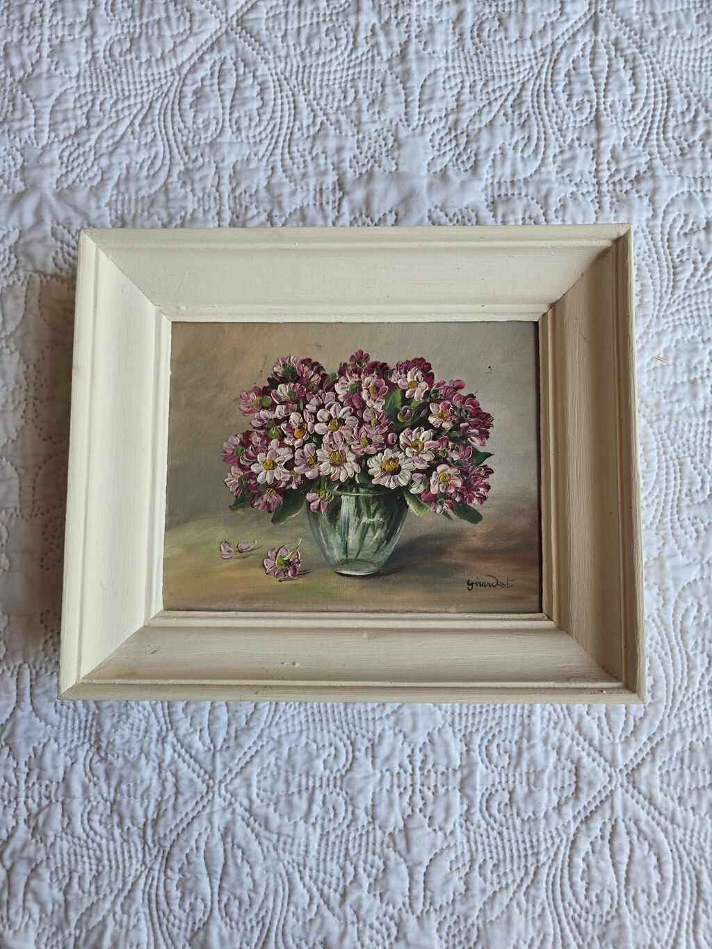 Tableau vintage bouquet de fleurs signé Girardot