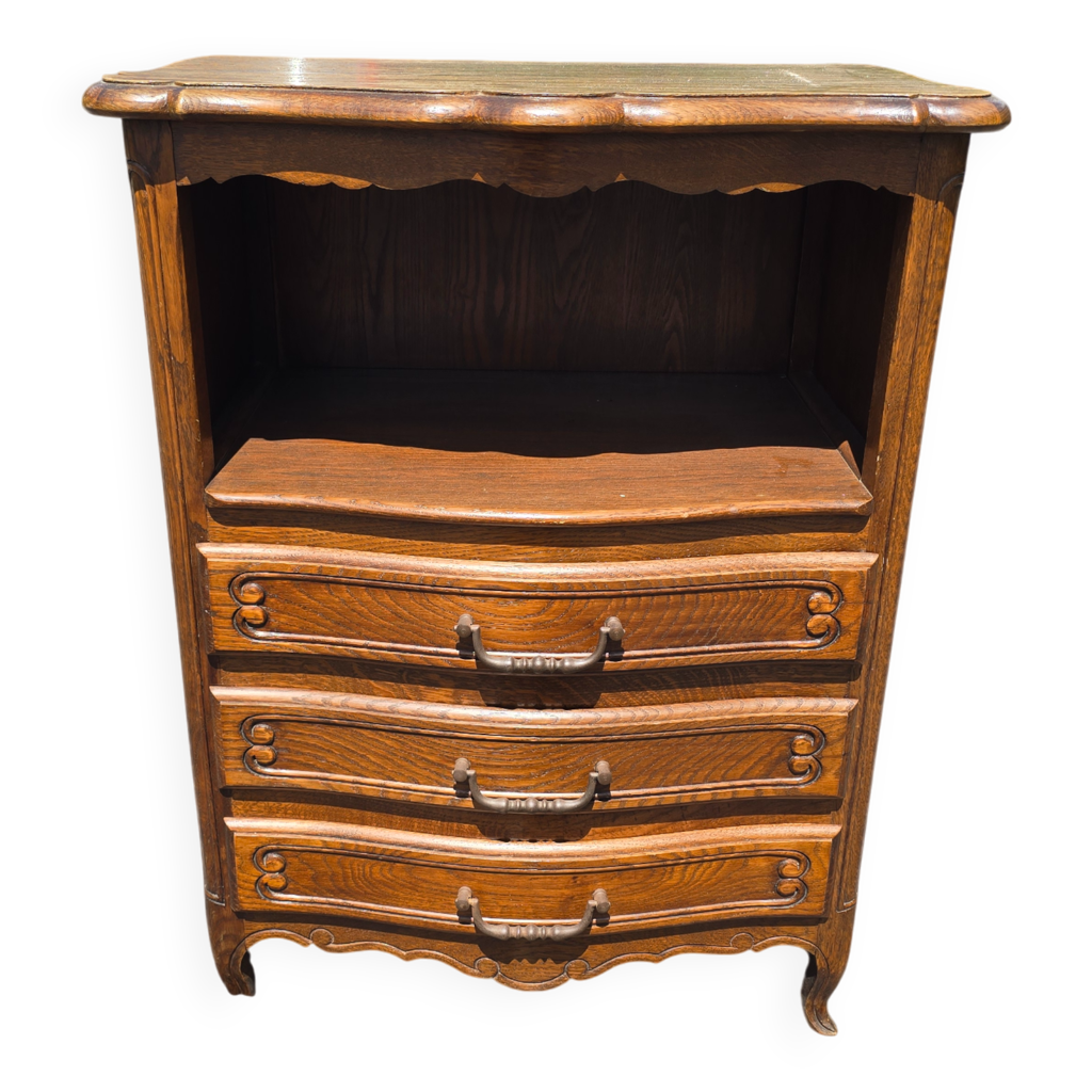 Petit meuble de chevet Louis XV en chêne – niche et 3 tiroirs