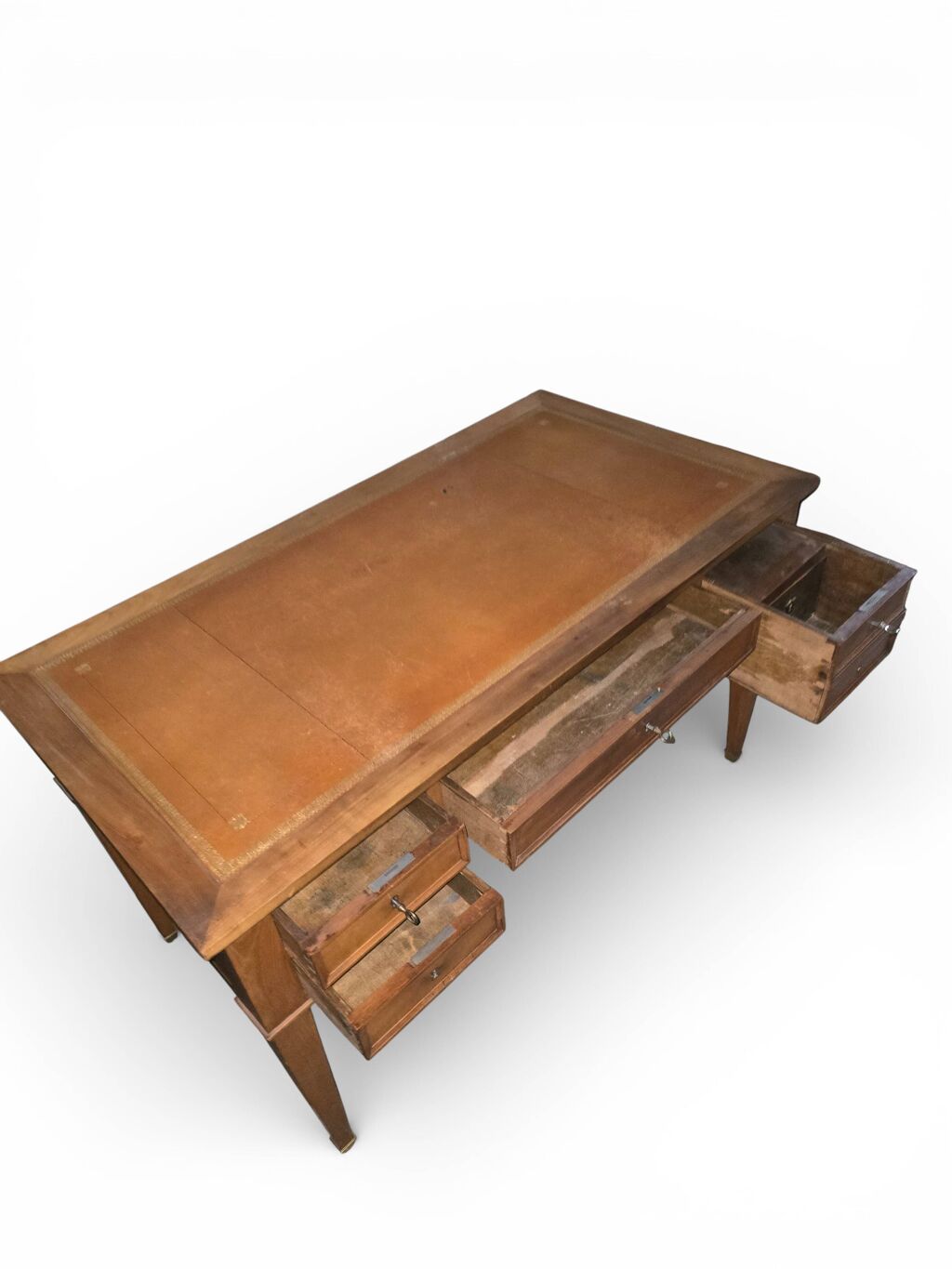 Bureau ancien Louis XVI / Directoire – cuir doré – 5 tiroirs- Clés
