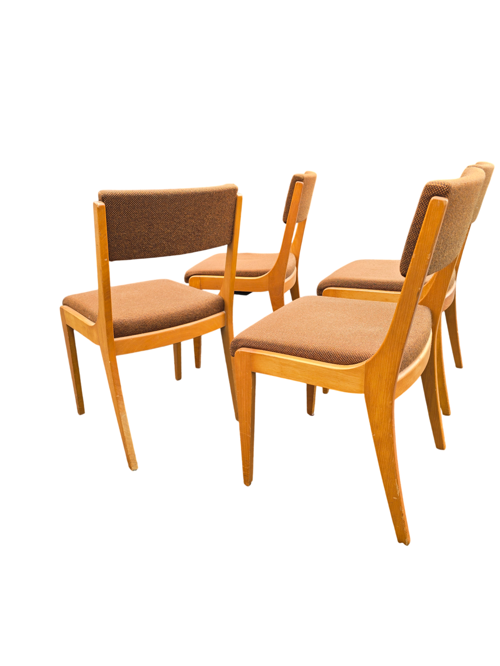 Suite de 4 chaises traîneau vintage en bois blond et tissu brun – années 60