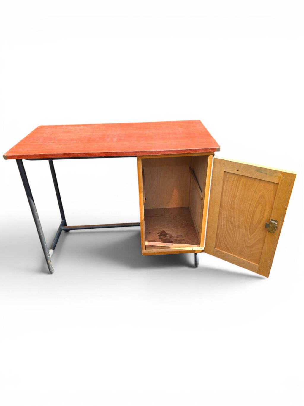 Bureau vintage années 50 en Formica rouge, bois et métal