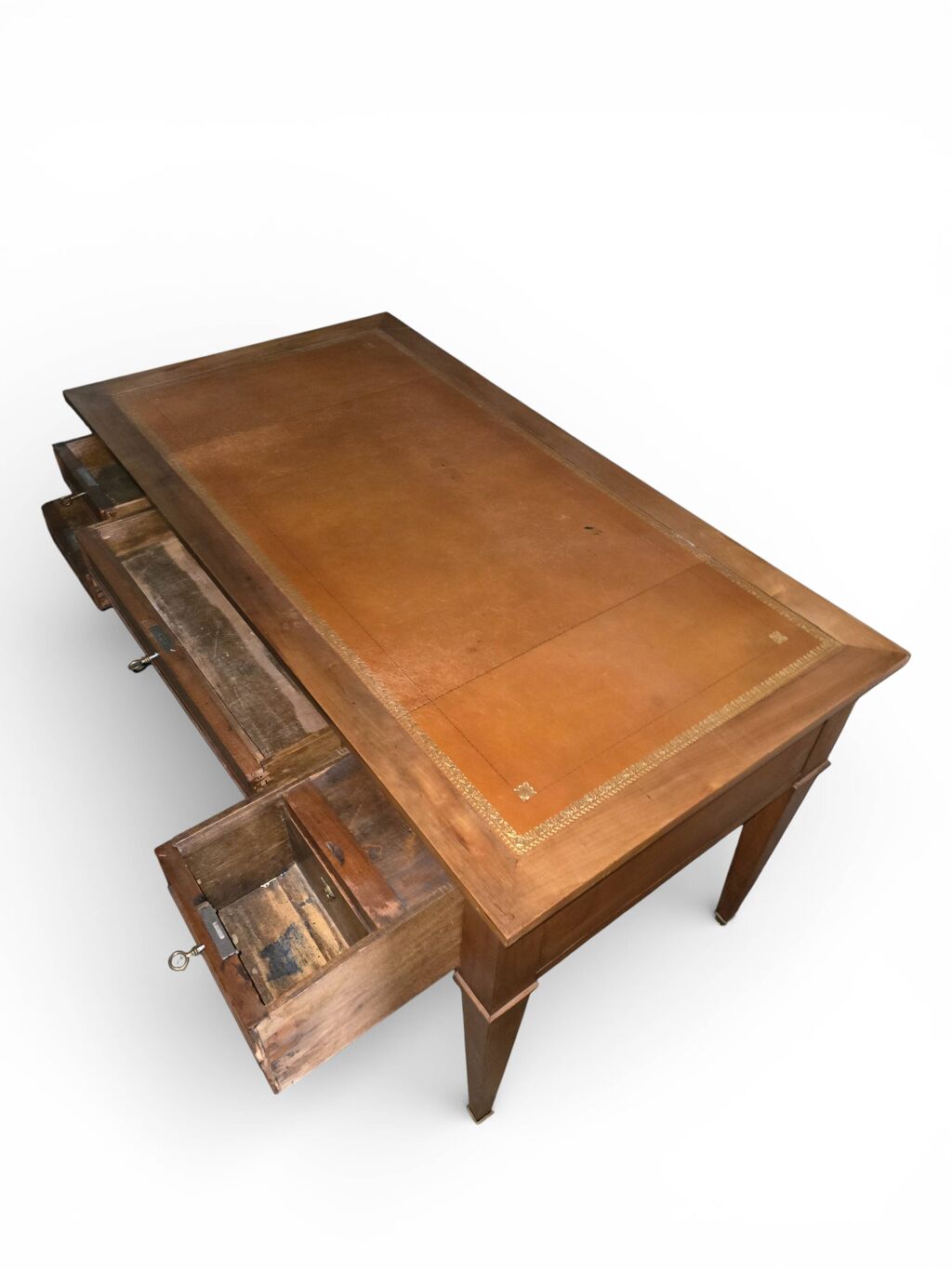Bureau ancien Louis XVI / Directoire – cuir doré – 5 tiroirs- Clés