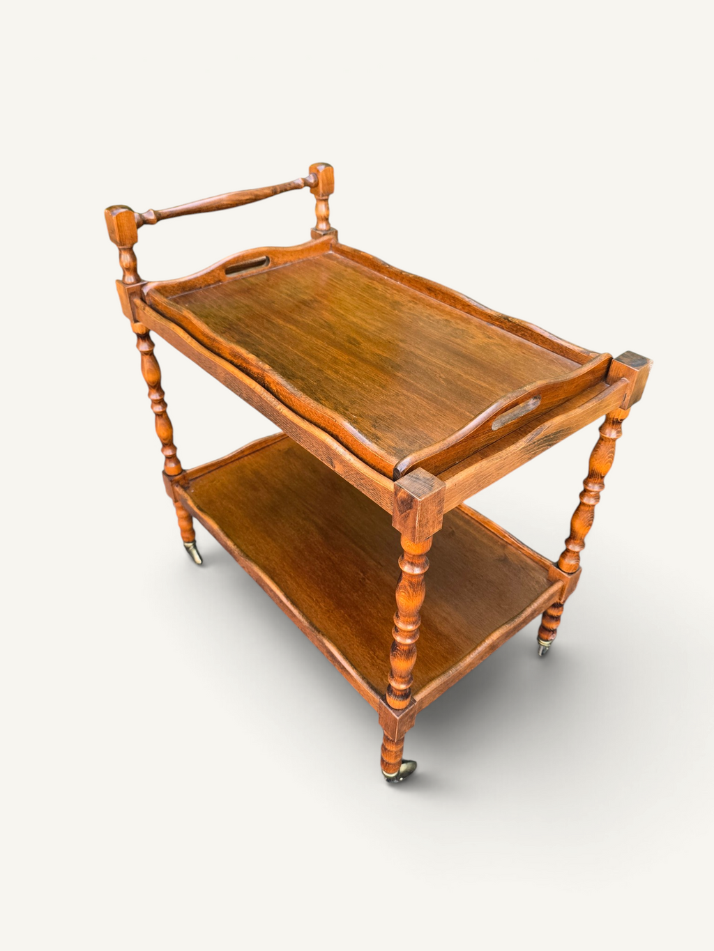 Desserte roulante vintage en bois tourné avec plateau amovible