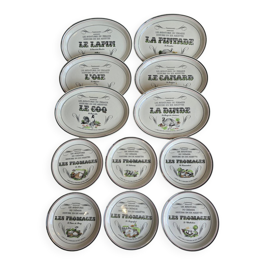 Lot de 12 assiettes Gien “Les Aventures du Fermier” – Fromages &amp; ferme