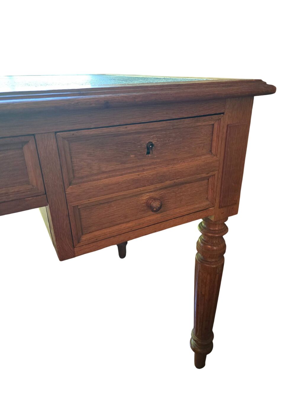 Bureau plat ancien en chêne et cuir noir, style Louis-Philippe