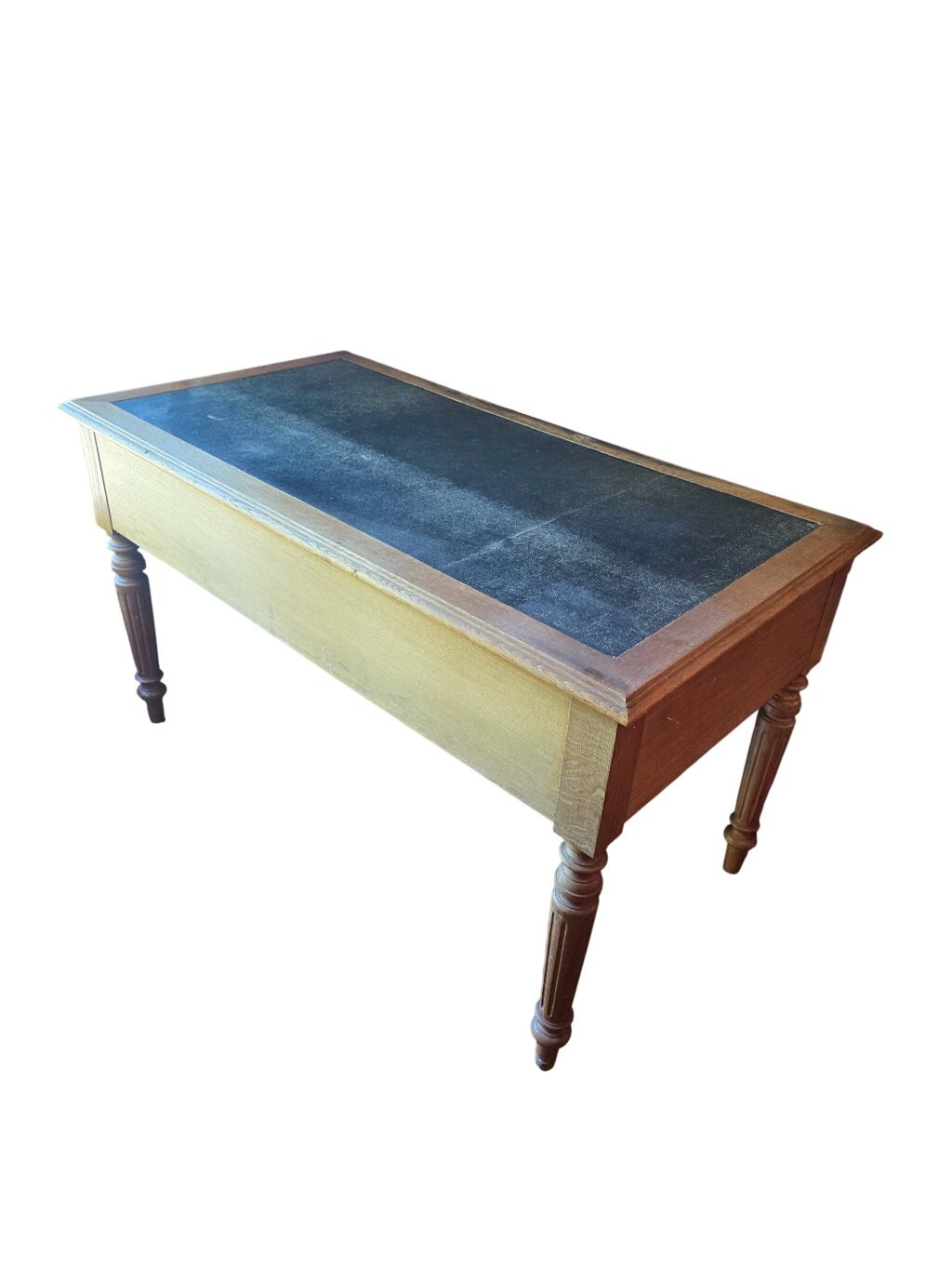 Bureau plat ancien en chêne et cuir noir, style Louis-Philippe