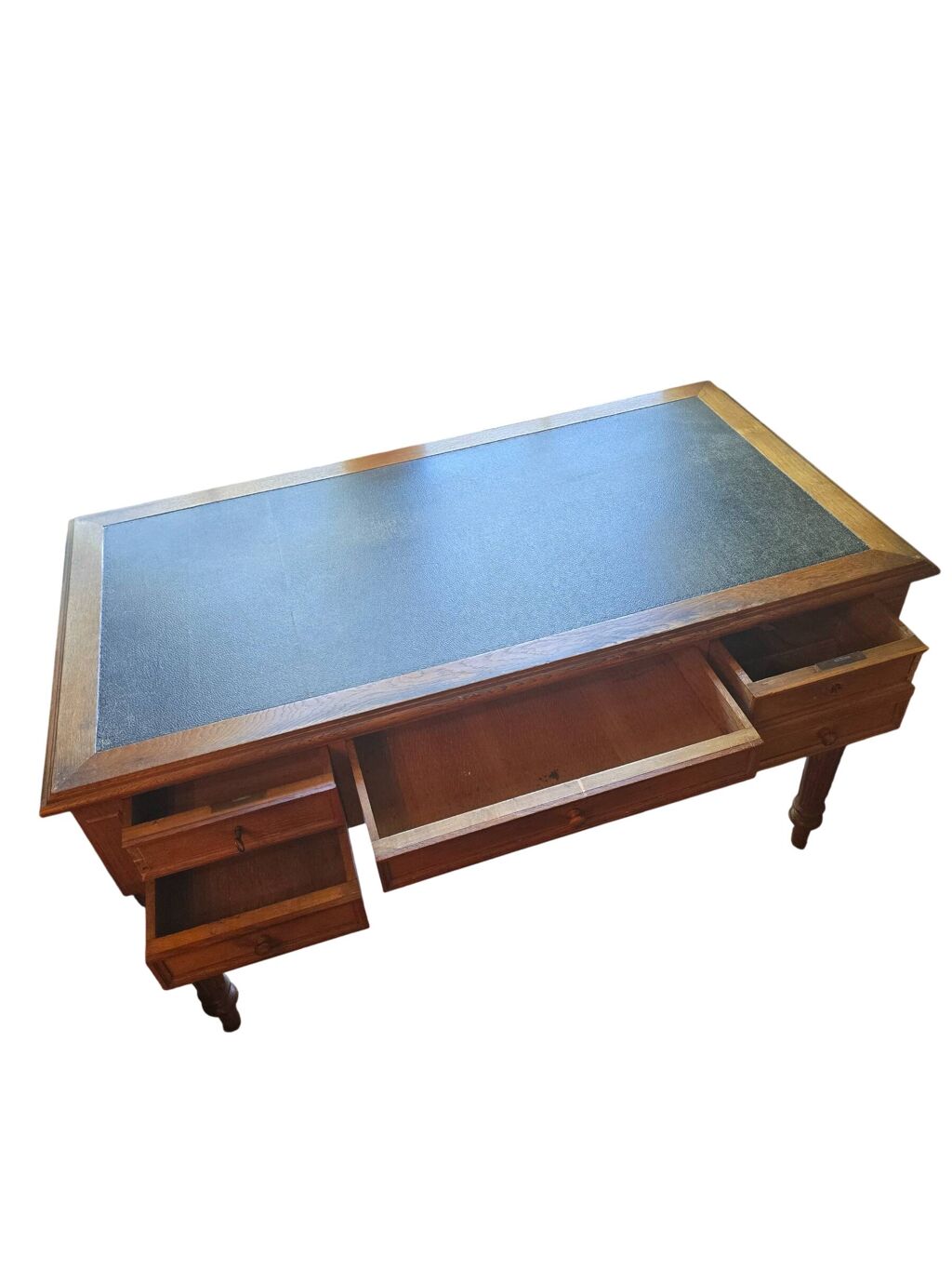 Bureau plat ancien en chêne et cuir noir, style Louis-Philippe