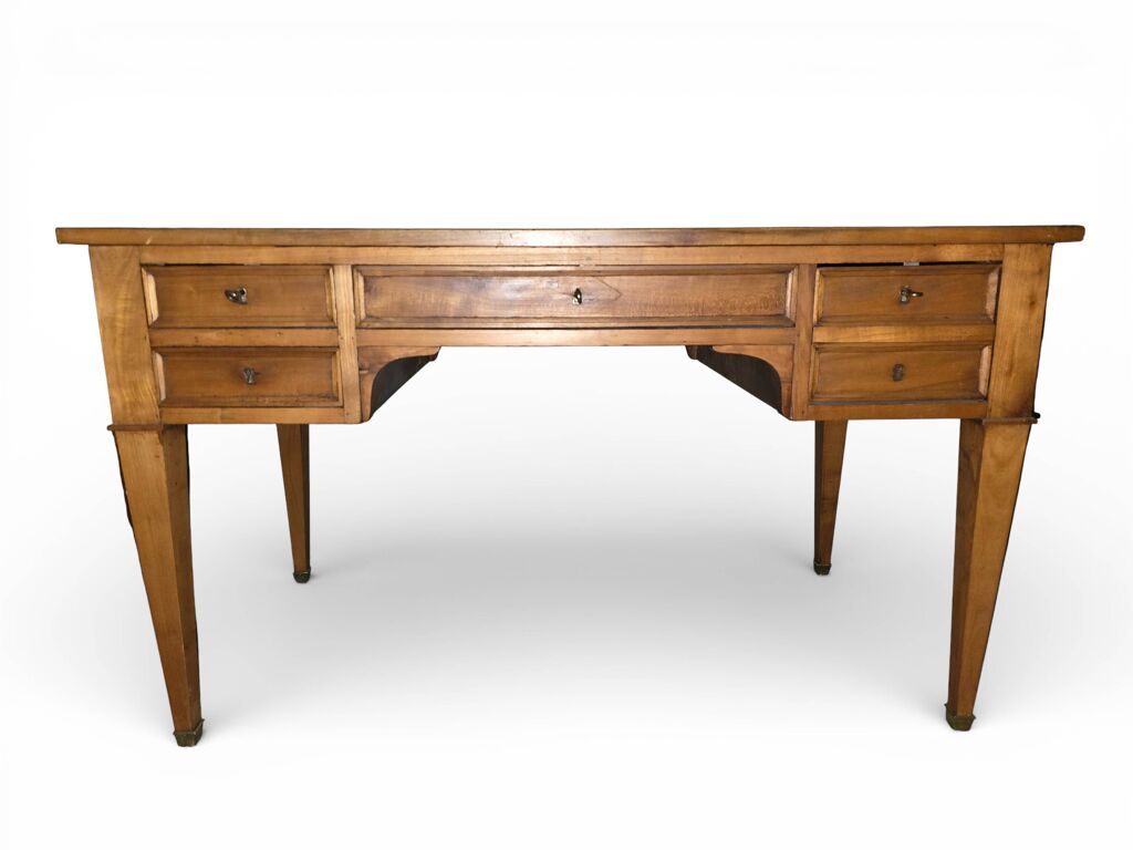 Bureau ancien Louis XVI / Directoire – cuir doré – 5 tiroirs- Clés