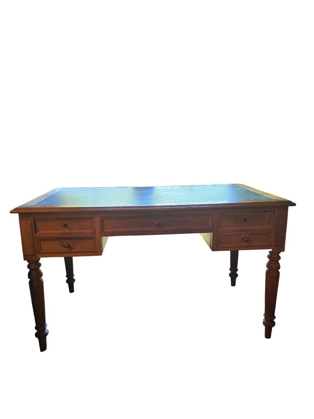 Bureau plat ancien en chêne et cuir noir, style Louis-Philippe