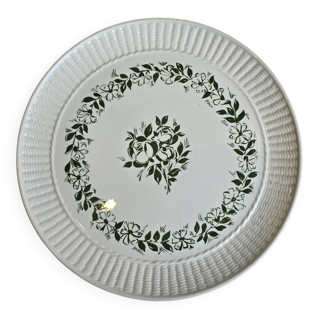 Plat ovale en faïence de Gien France, décor fleurs vertes, bord relief vann