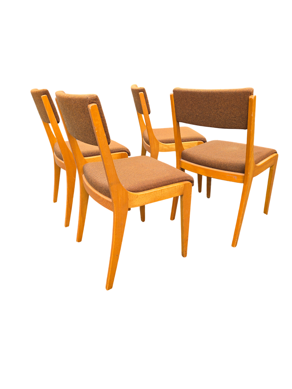 Suite de 4 chaises traîneau vintage en bois blond et tissu brun – années 60