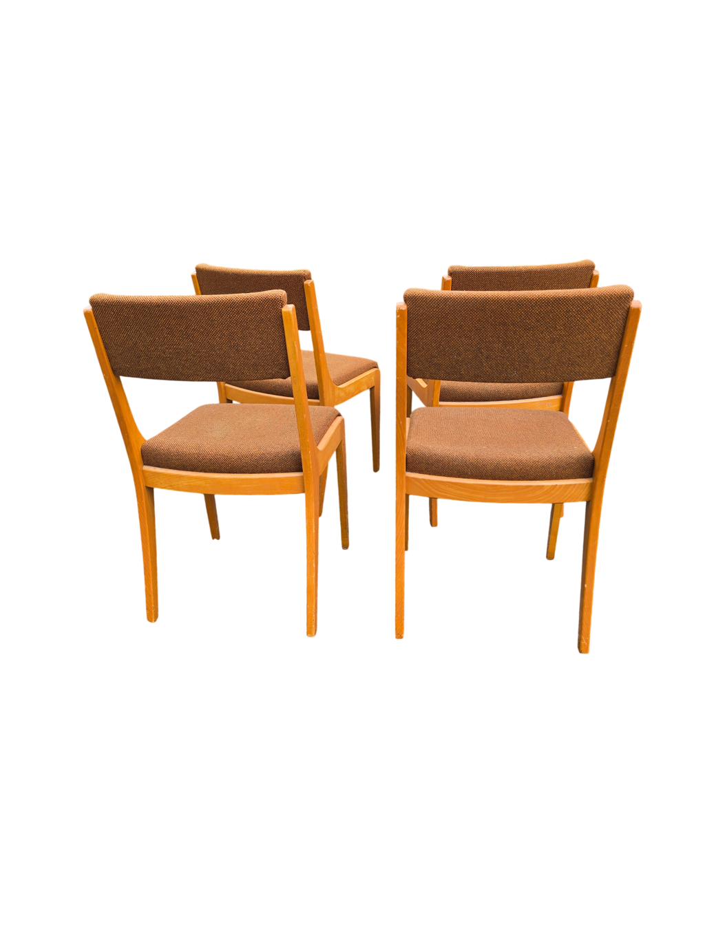 Suite de 4 chaises traîneau vintage en bois blond et tissu brun – années 60