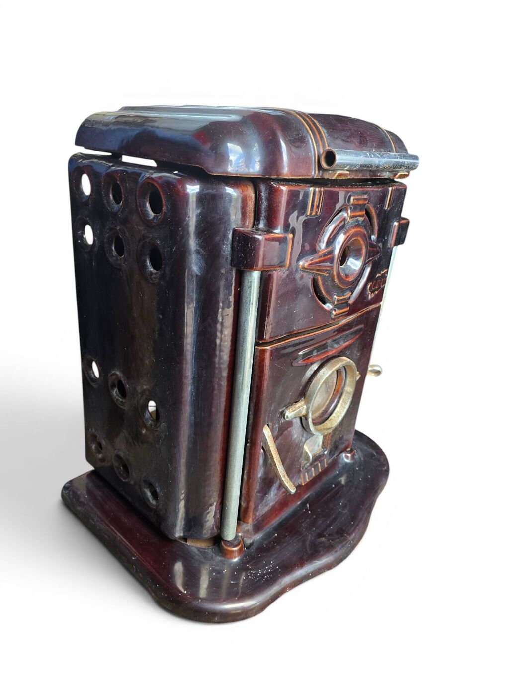 Ancien poêle Godin Art déco en fonte émaillée brun aubergine