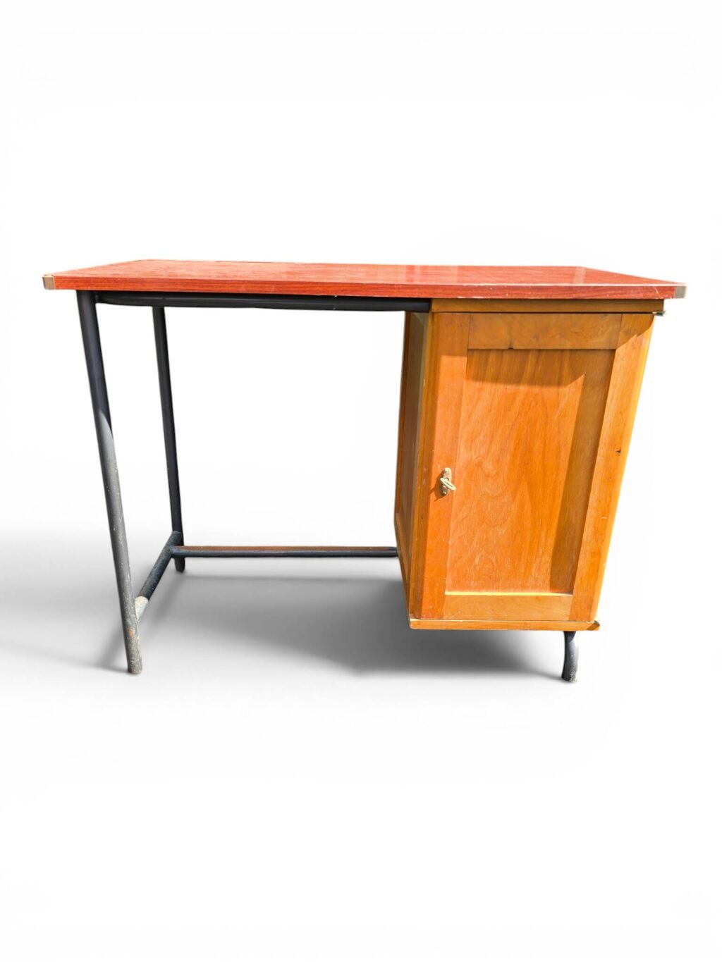 Bureau vintage années 50 en Formica rouge, bois et métal