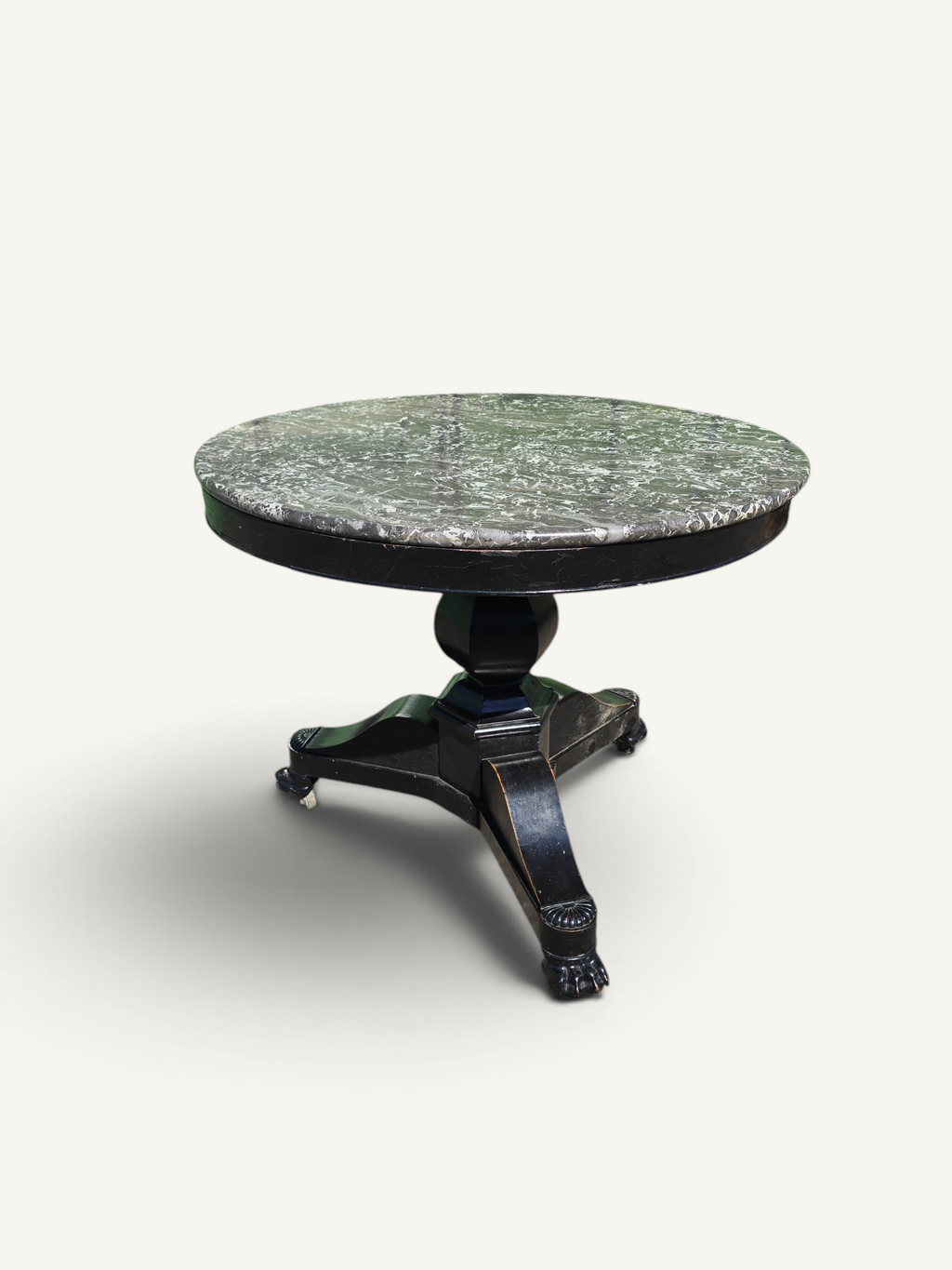 Guéridon Empire en bois noirci et marbre gris – table ronde ancienne