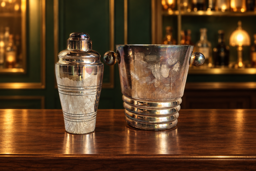 Ensemble de bar en métal argenté de style Art déco – Seau à champagne et shaker