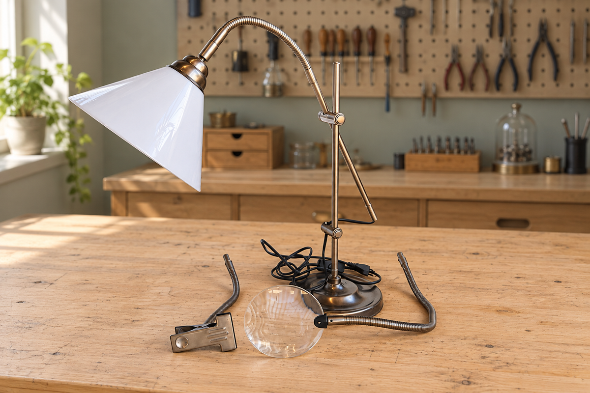 Lampe de bureau articulée Daylight avec loupe et pince – Finition laiton vieilli