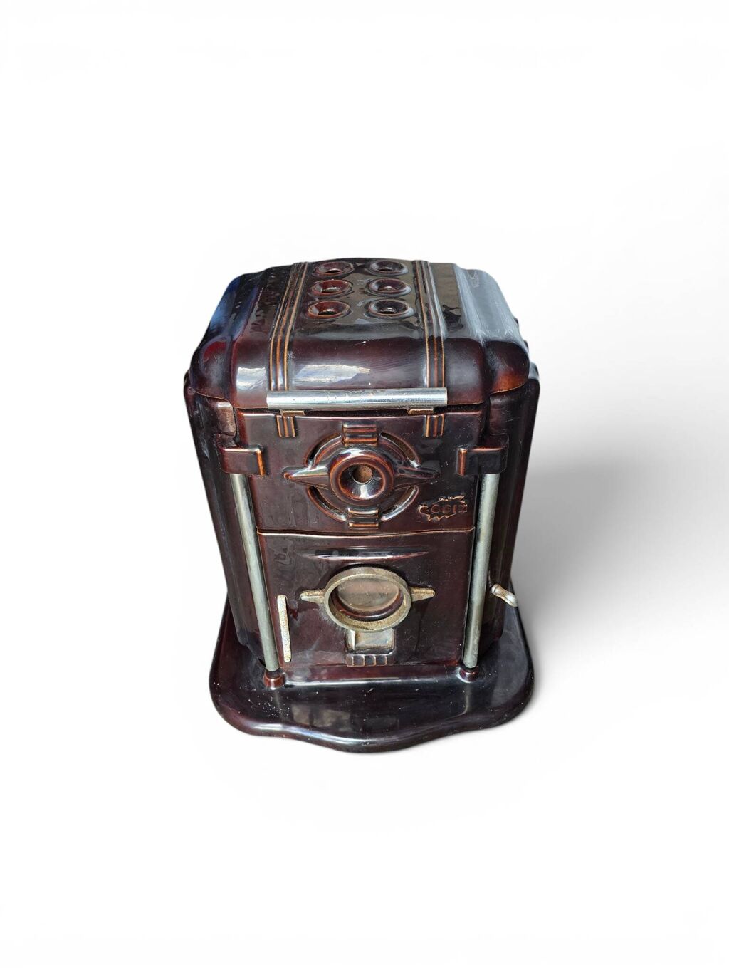Ancien poêle Godin Art déco en fonte émaillée brun aubergine