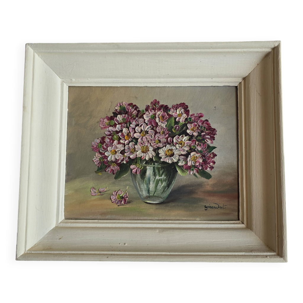 Tableau vintage bouquet de fleurs signé Girardot