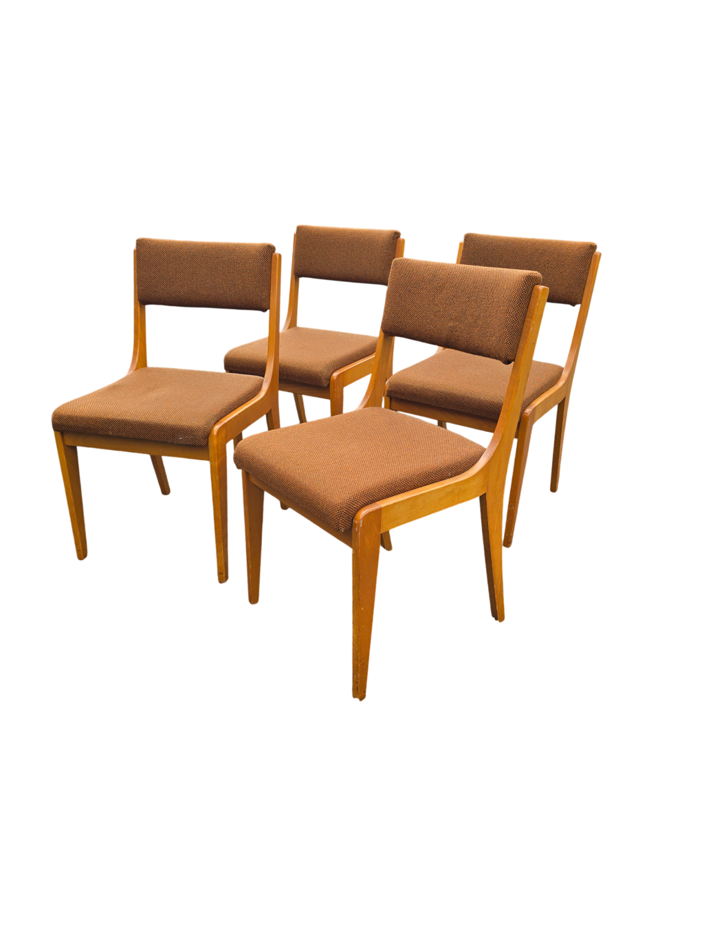 Suite de 4 chaises traîneau vintage en bois blond et tissu brun – années 60
