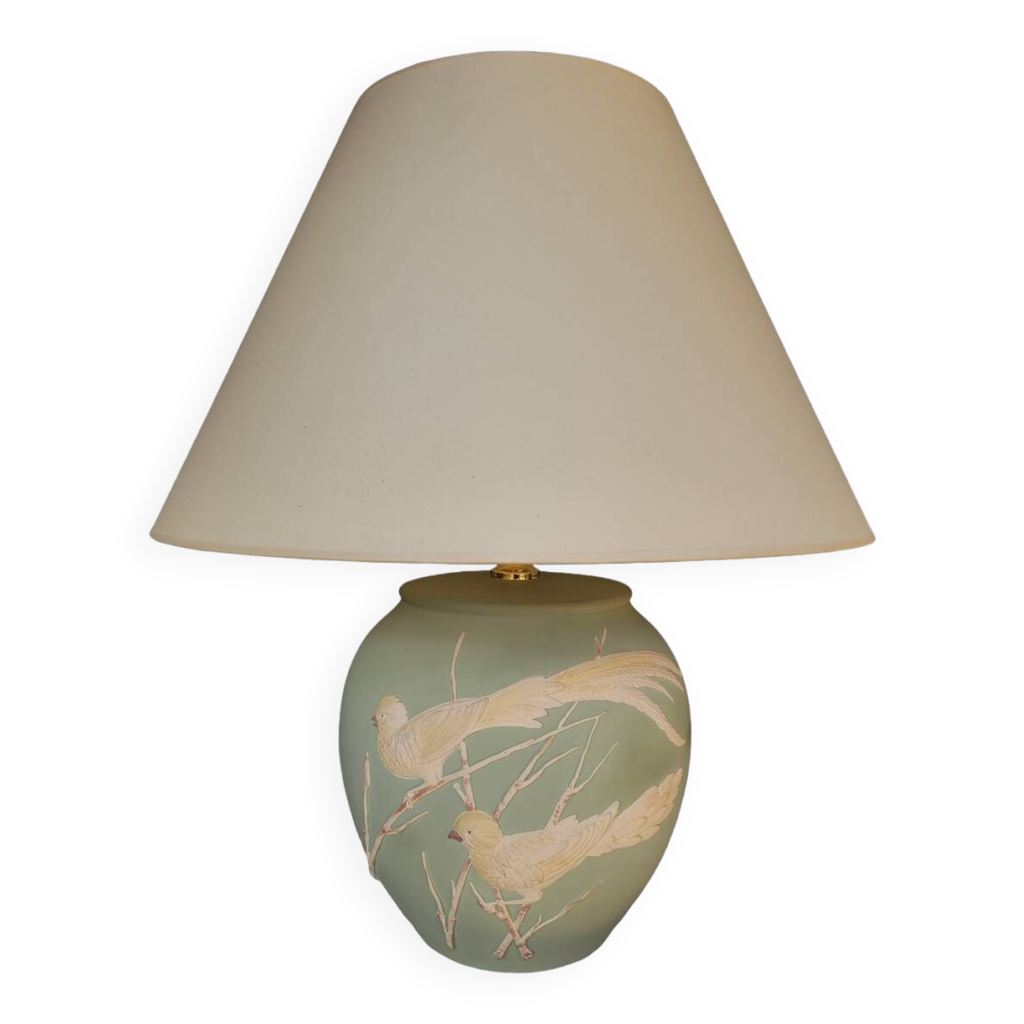 Lampe à poser vert mat et oiseaux en relief